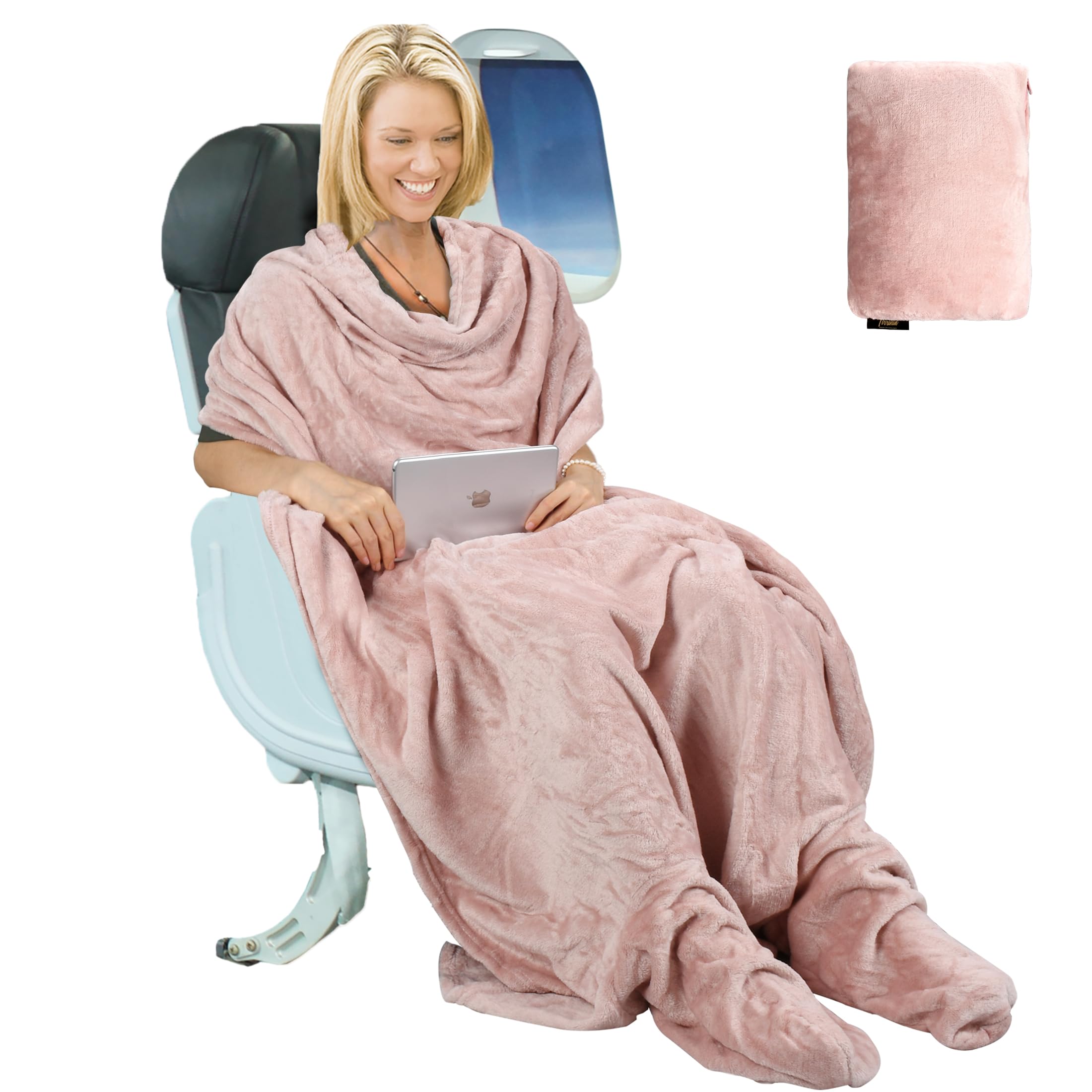 Tirrinia Travel Portable Blanket With Feet Airplane Office Poncho 4 In 1 Zippered Front Pocket Premium Cozy Fleece Blankets With