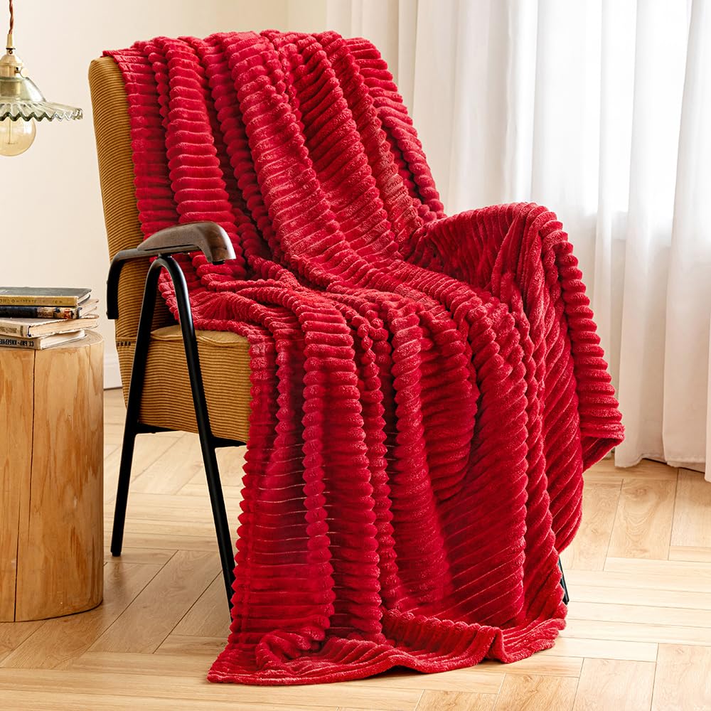 Miulee Fleece Throw Blanket For Couch 300Gsm Super Soft Lightweight Plush Striped Blanket, Red Warm Cozy Breathable Ribbed Flann