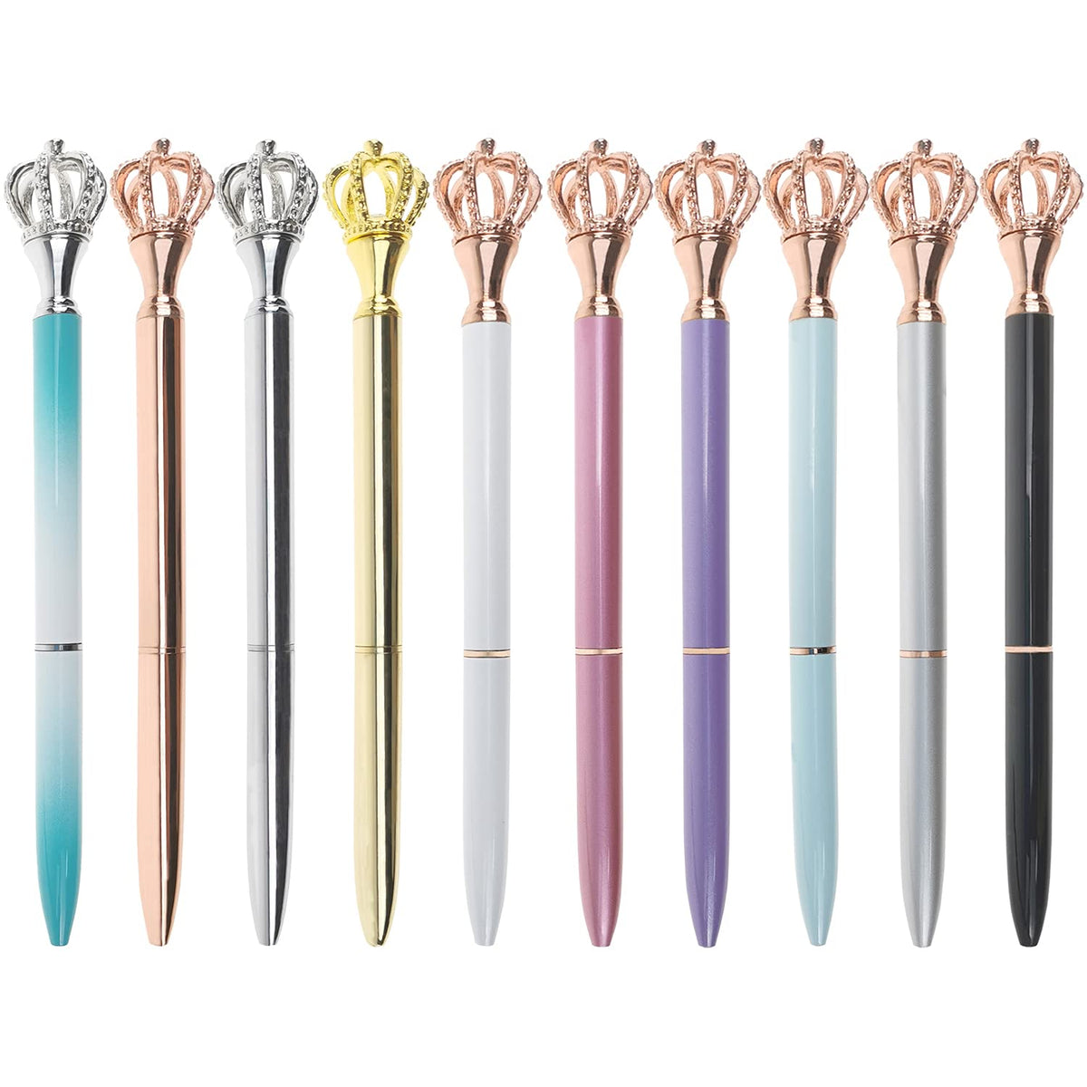 Oddmoal 10 Pack Crown Top Pens, Bling Crystal Fancy Metal Ballpoint Pens With 1.0 Mm Black Ink, Signature Writing Pen For Office