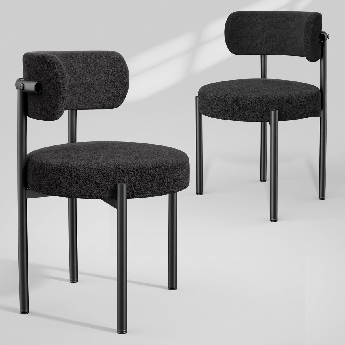 Patioperk Boucle Dining Chairs Set Of 2, Black Mid Century Morden Chair With Curved Backrest, Round Upholstered Sherpa With Meta