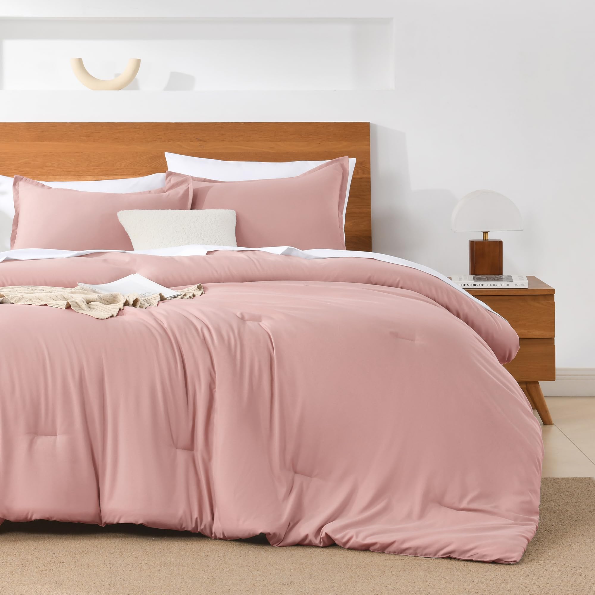 Andency Pink Comforter Set Queen Size - 7 Pieces Bed In A Bag Queen Bedding Comforter Sets, Summer Plain Soft Lightweight Comforter With Fitted Sheets, Flat Sheets, Pillowcases & Shams