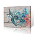 Teal Bathroom Decor Wall Art, Beach Turtle Swim Under the Ocean with Coral and Turquoise Seagrass on Rustic Wood Panel Backgroun