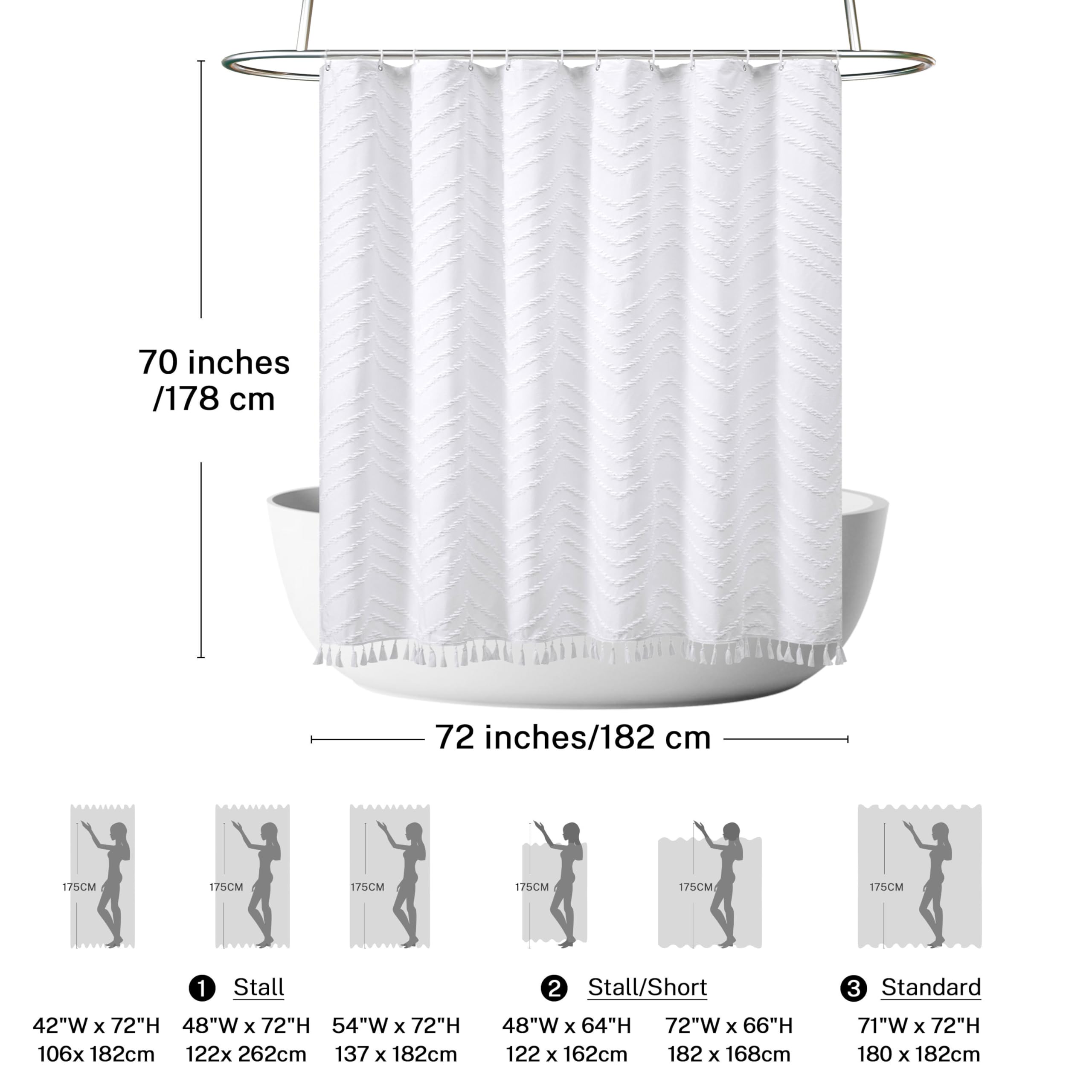 Boho Shower Curtain White Tassel Woven Fabric Shower Curtain 72 X 70 Modern Farmhouse Textured Tufted Chevron Striped Minimalist