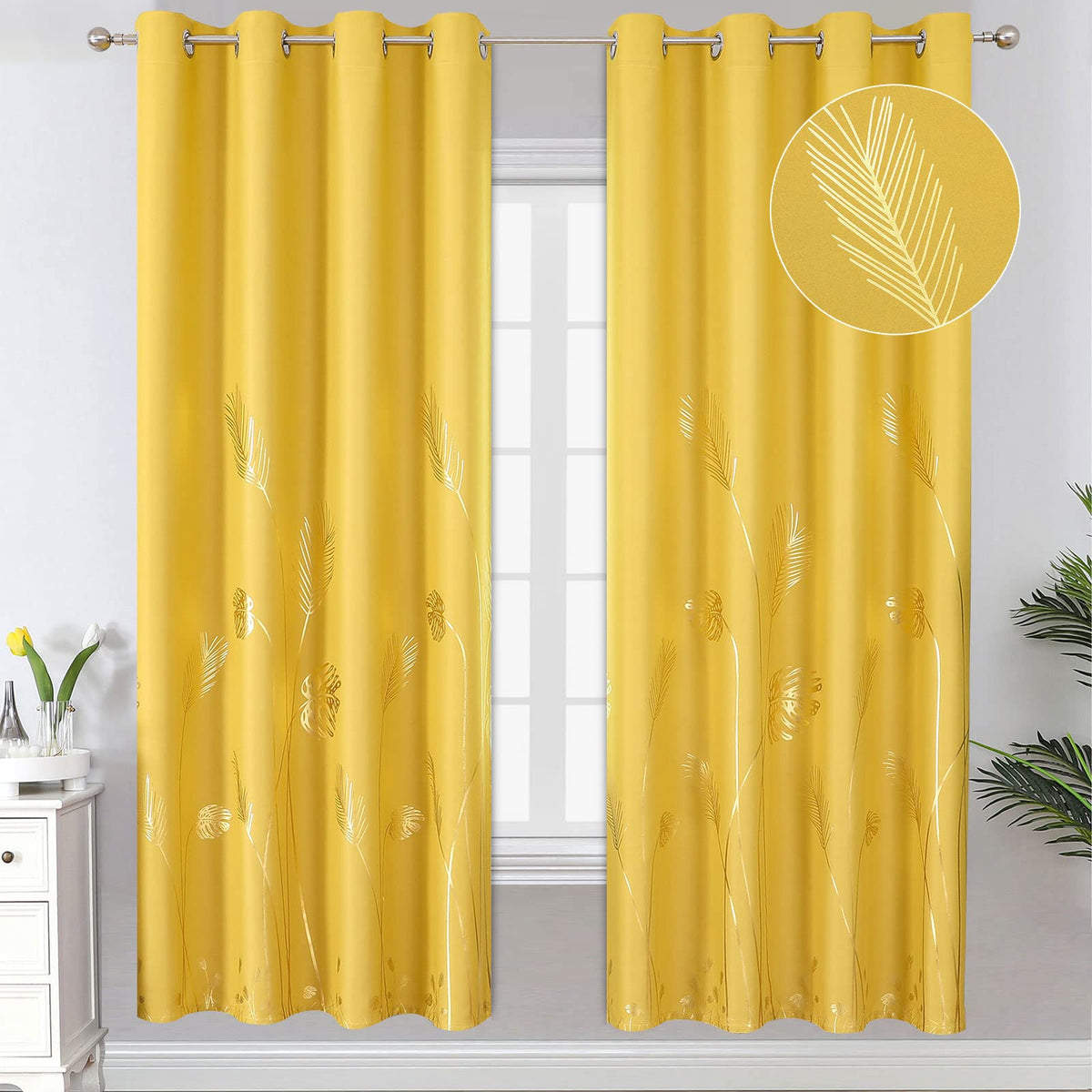 Estelar Textiler Yellow Blackout Curtains For Bedroom, Room Darkening Gold Palm Tree Pattern Curtains 72 Inches Long, Light Bloc