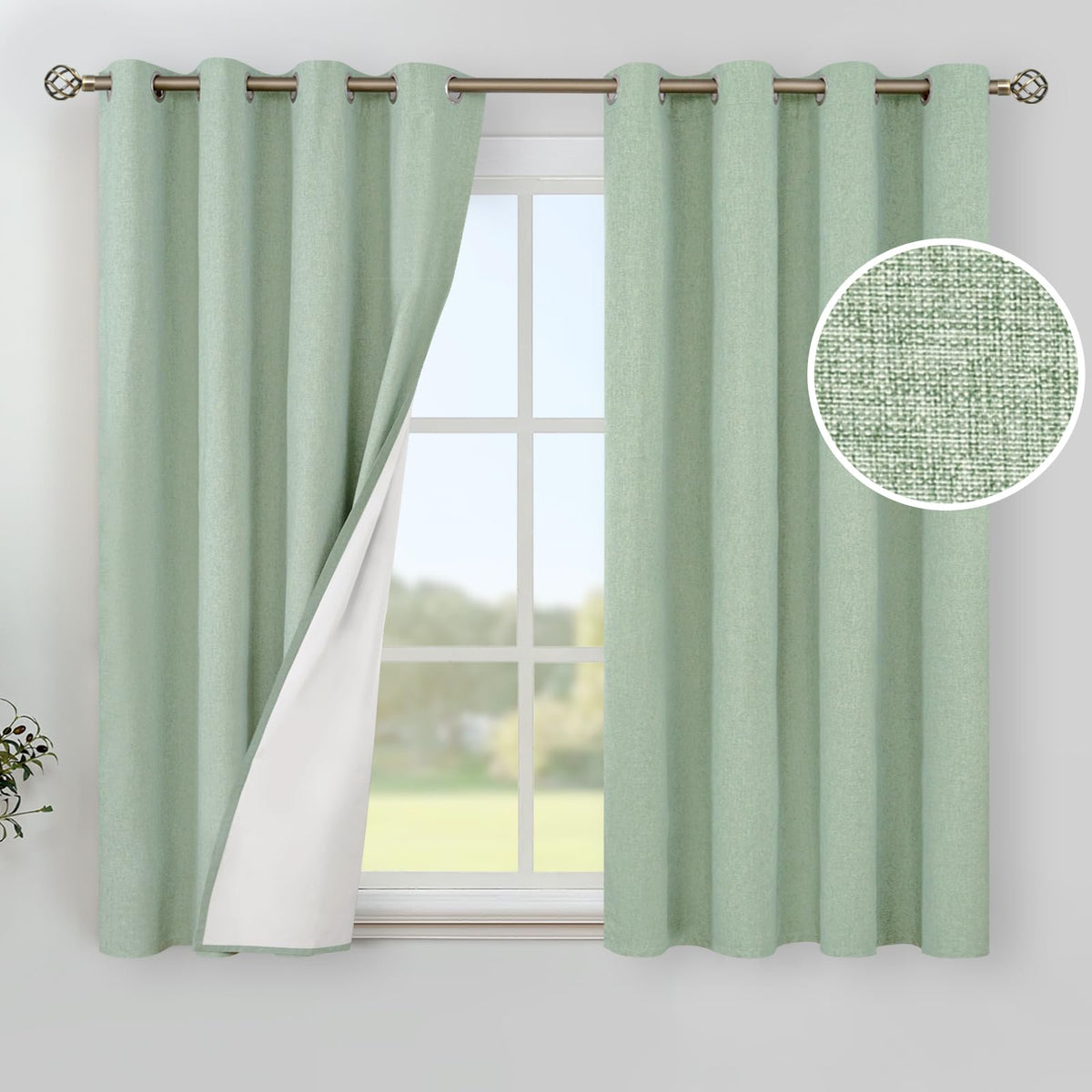 YoungsTex Linen 100% Blackout Curtains for Short Window, Light Green Linen Textured Grommet Thermal Insulated Full Room Darkenin