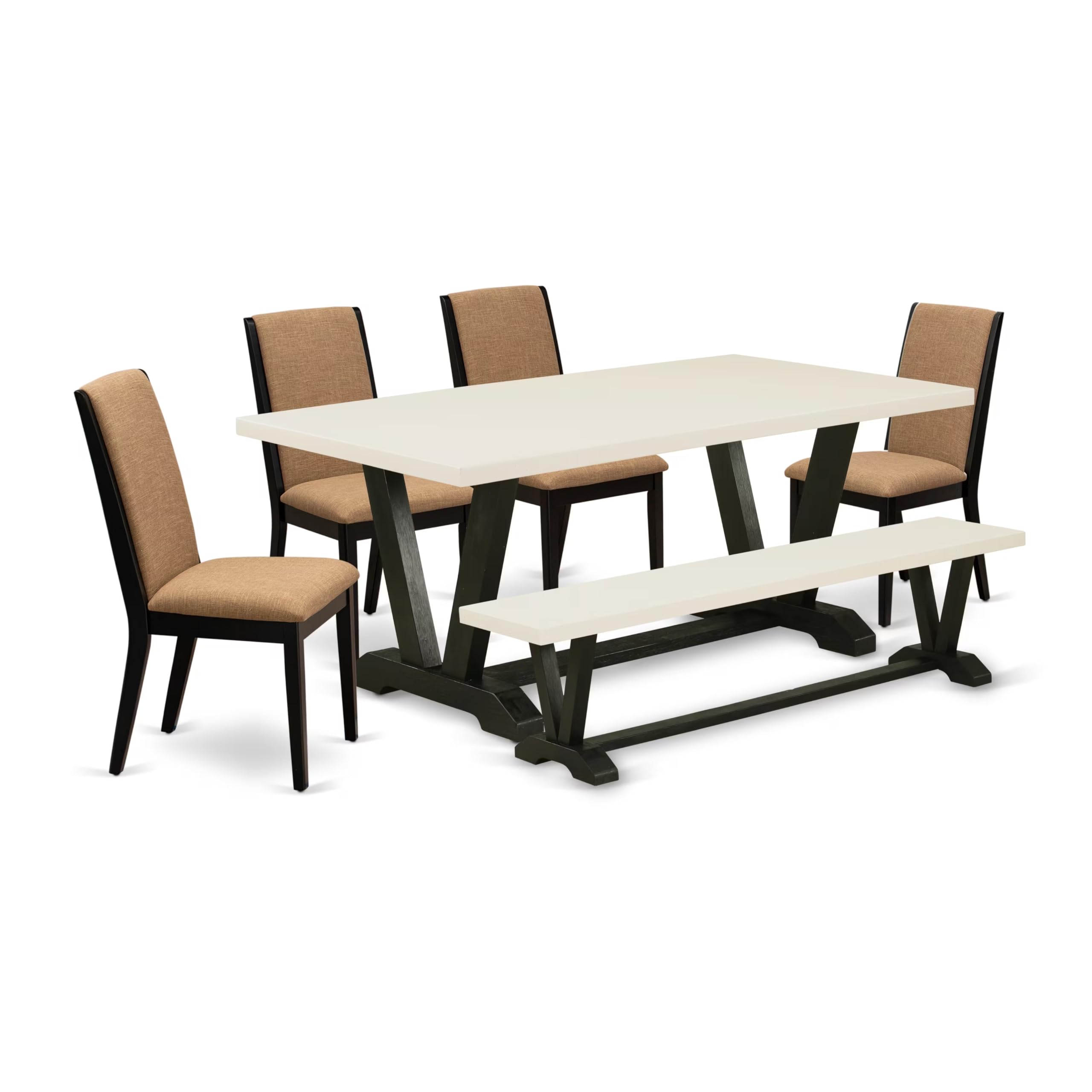 East West Furniture V627La147-6 6 Piece Modern Dining Table Set Contains A Rectangle Wooden Table And 4 Light Sable Linen Fabric Upholstered Chairs With A Bench, 40X72 Inch, Multi-Color
