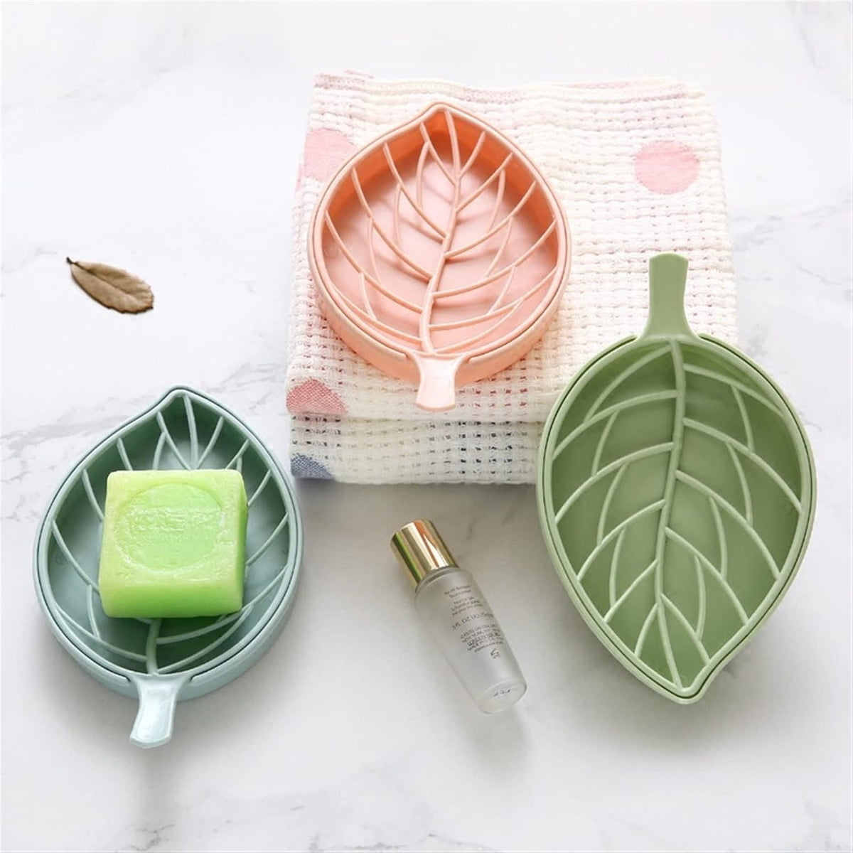 VIYANG SALES LeafShaped Soap Dish Set, Decorative Bathroom Storage Tray, Pack of 3, Pink and Green