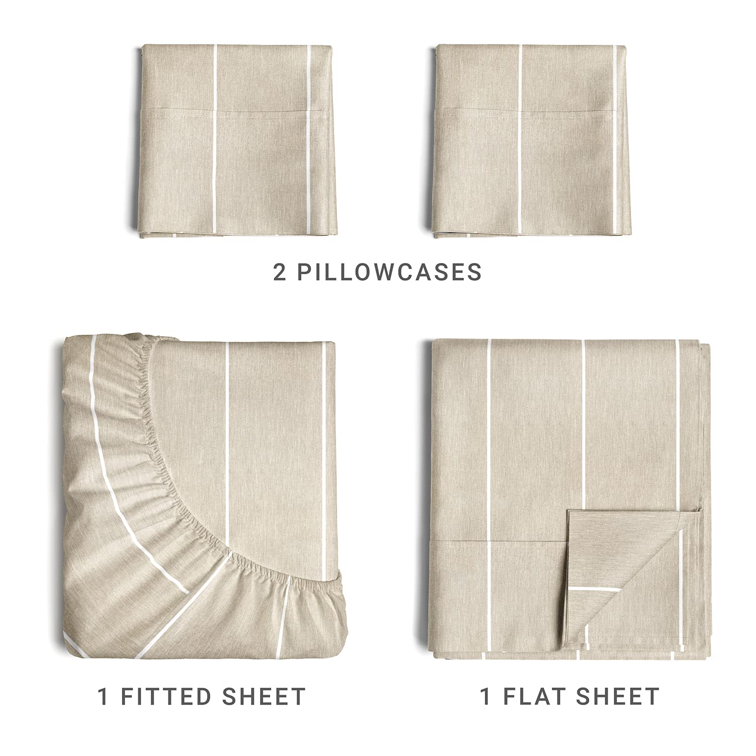 CGK Unlimited King Size 4 Piece Beige Stripes Bed Sheet Set - Breathable, Cooling, Soft & Wrinkle-Free, Deep Pockets, Hotel Luxury