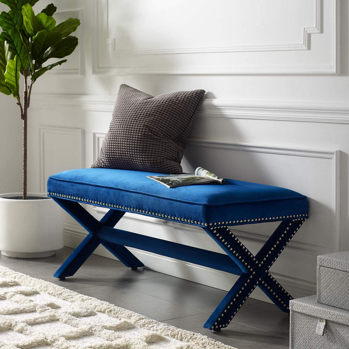 Modway Rivet Contemporary Modern Upholstered Velvet X-Base Accent Bench With Nailhead Trim In Navy