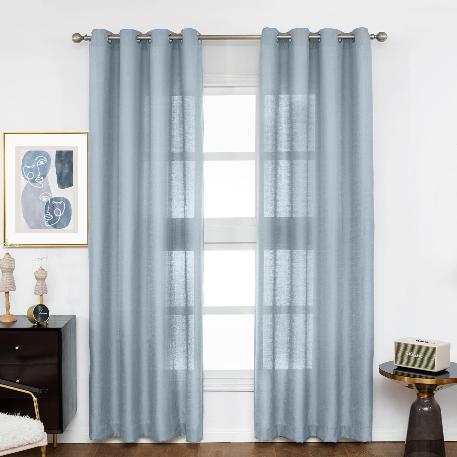 Melodieux Dusty Blue Semi Sheer Curtains 84 Inches Long For Living Room, Bedroom Linen Look Window Privacy Grommet Light Filteri