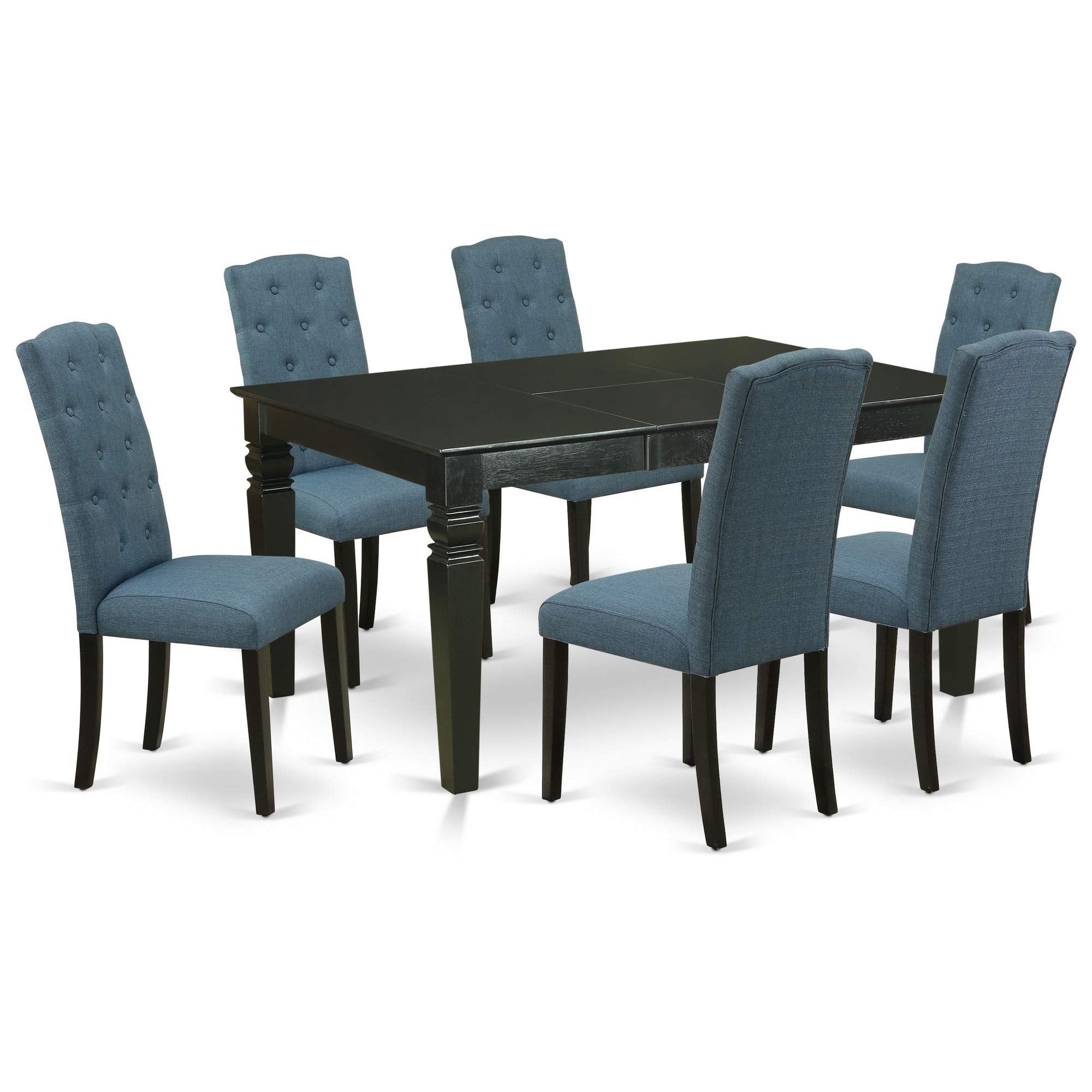 East West Furniture Wece7-Blk-21 7 Piece Dinette Set Consist Of A Rectangle Dining Table With Butterfly Leaf And 6 Mineral Blue Linen Fabric Parson Dining Chairs, 42X60 Inch, Black