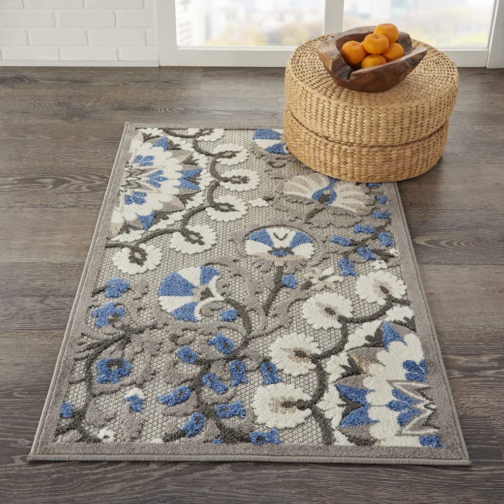 HomeRoots Grey/Multi 100% Polypropylene 3’ x 4’ Gray and Blue Vines Indoor Outdoor Area Rug