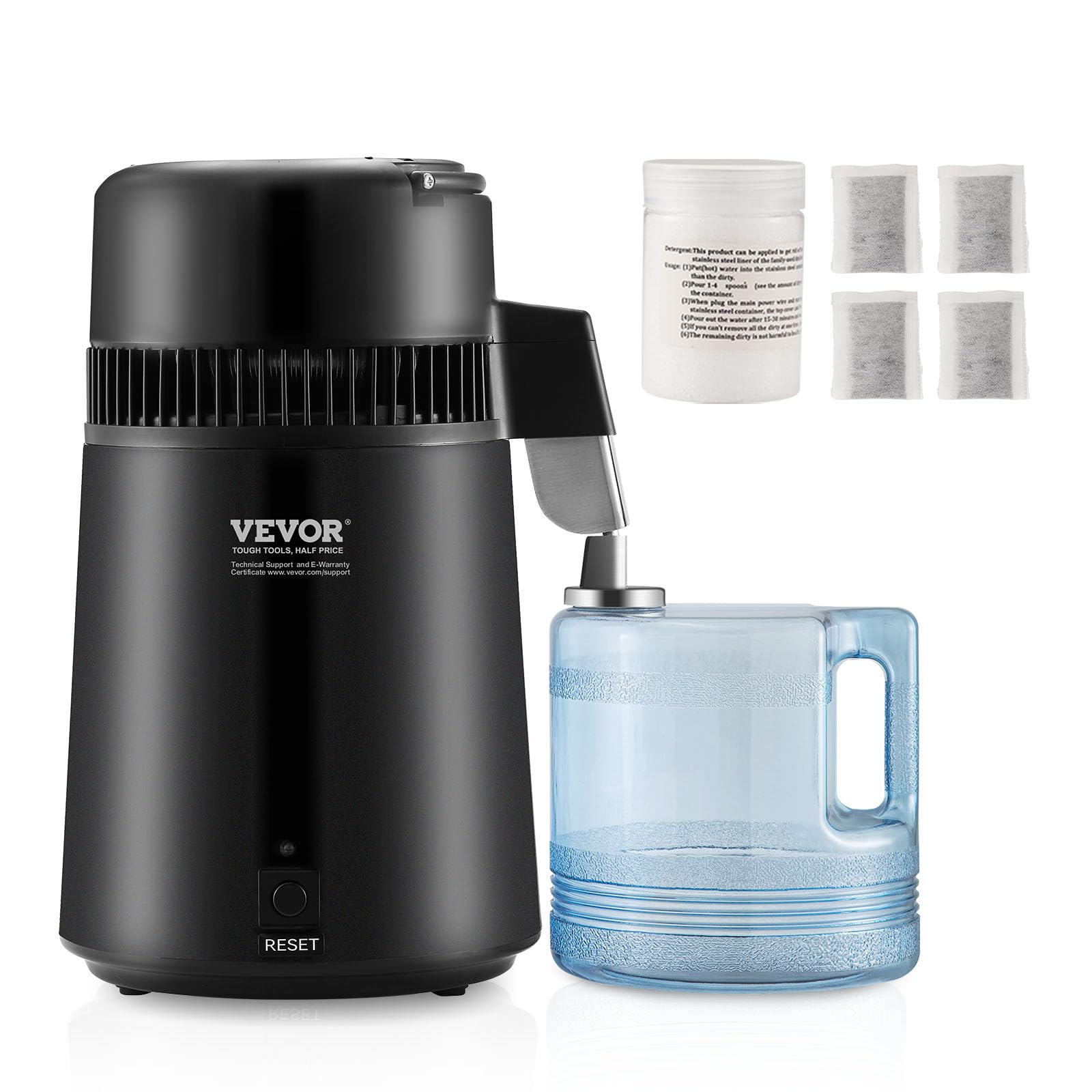 VEVOR Water Distiller, 4L 1.05 Gallon Pure Water Purifier Filter for Home Countertop, 750W Distilled Water Maker, Stainless Stee