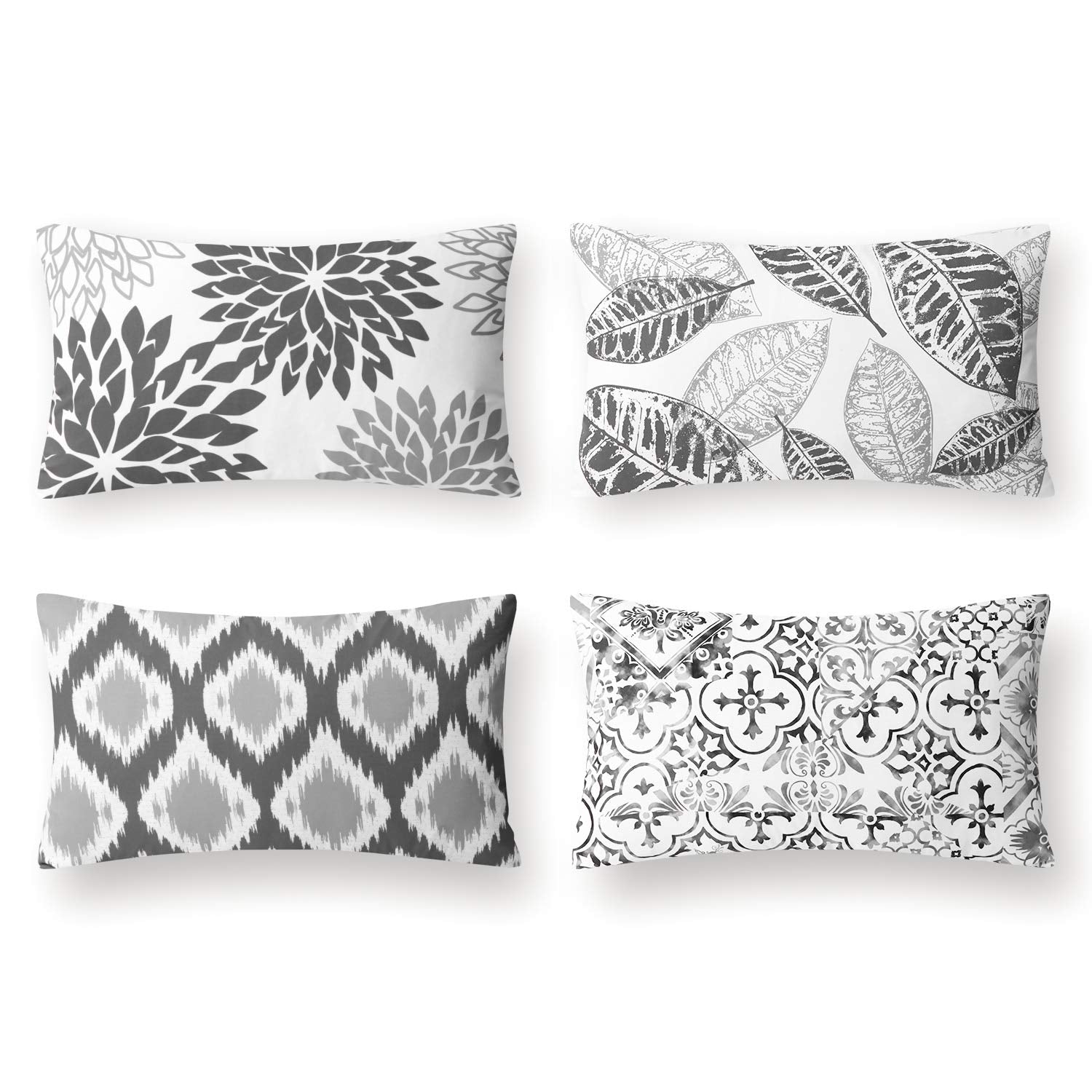 Phantoscope Set Of 4 New Living Series Leaves Geometric Throw Decorative Pillow Cover Cushion Cover, Grey, 12 X 20 Inches, 30 X