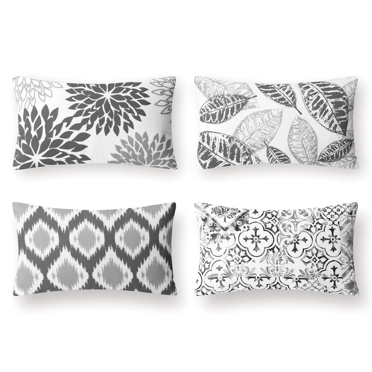 Phantoscope Set Of 4 New Living Series Leaves Geometric Throw Decorative Pillow Cover Cushion Cover, Grey, 12 X 20 Inches, 30 X