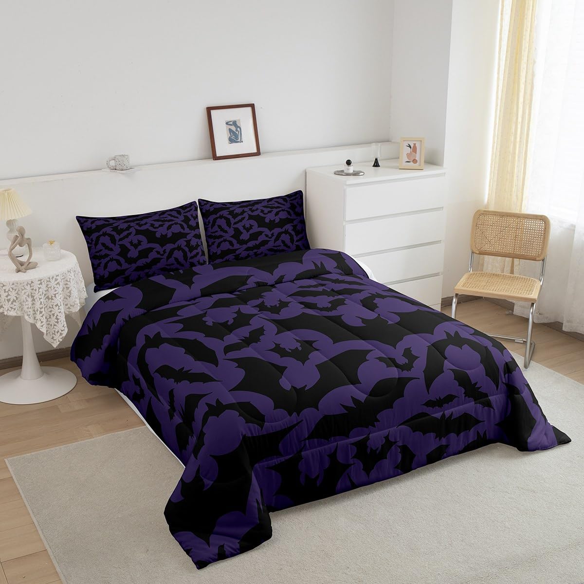 Halloween Themed Bedding Set King Size,Black Bats Animal Print Comforter Set Room Decor For Couple,Dark Purple Color Microfiber