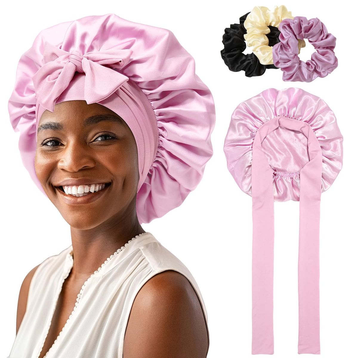 Satin Bonnet with 3PCS Hair Scrunchies for Women Tie Band Hair Bonnet for Sleeping Large 2 Layered Silk Sleeping Cap Nightcap fo