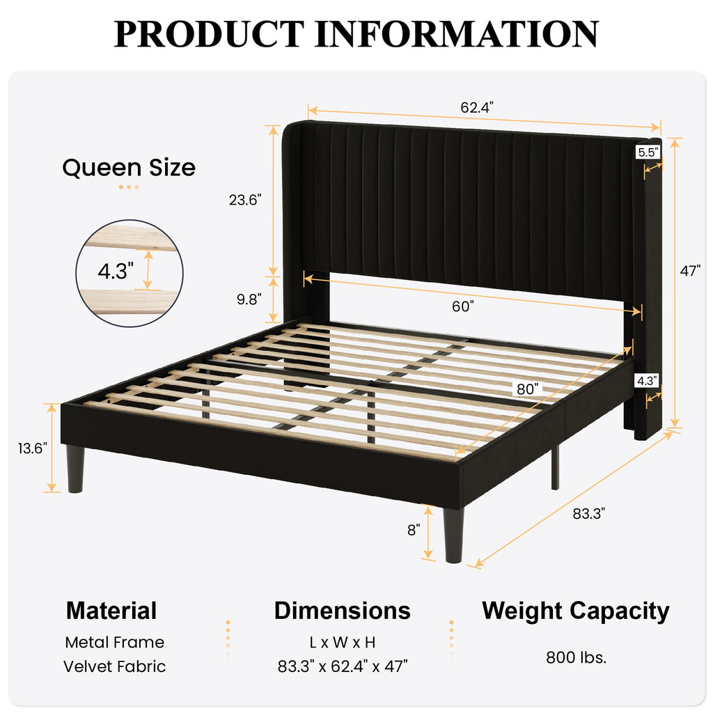 Sha Cerlin Queen Size Velvet Bed Frame With Vertical Channel Tufted Wingback Headboard, Upholstered Platform Bed With Wood Slats, No Box Spring Needed, Easy Assembly, Black