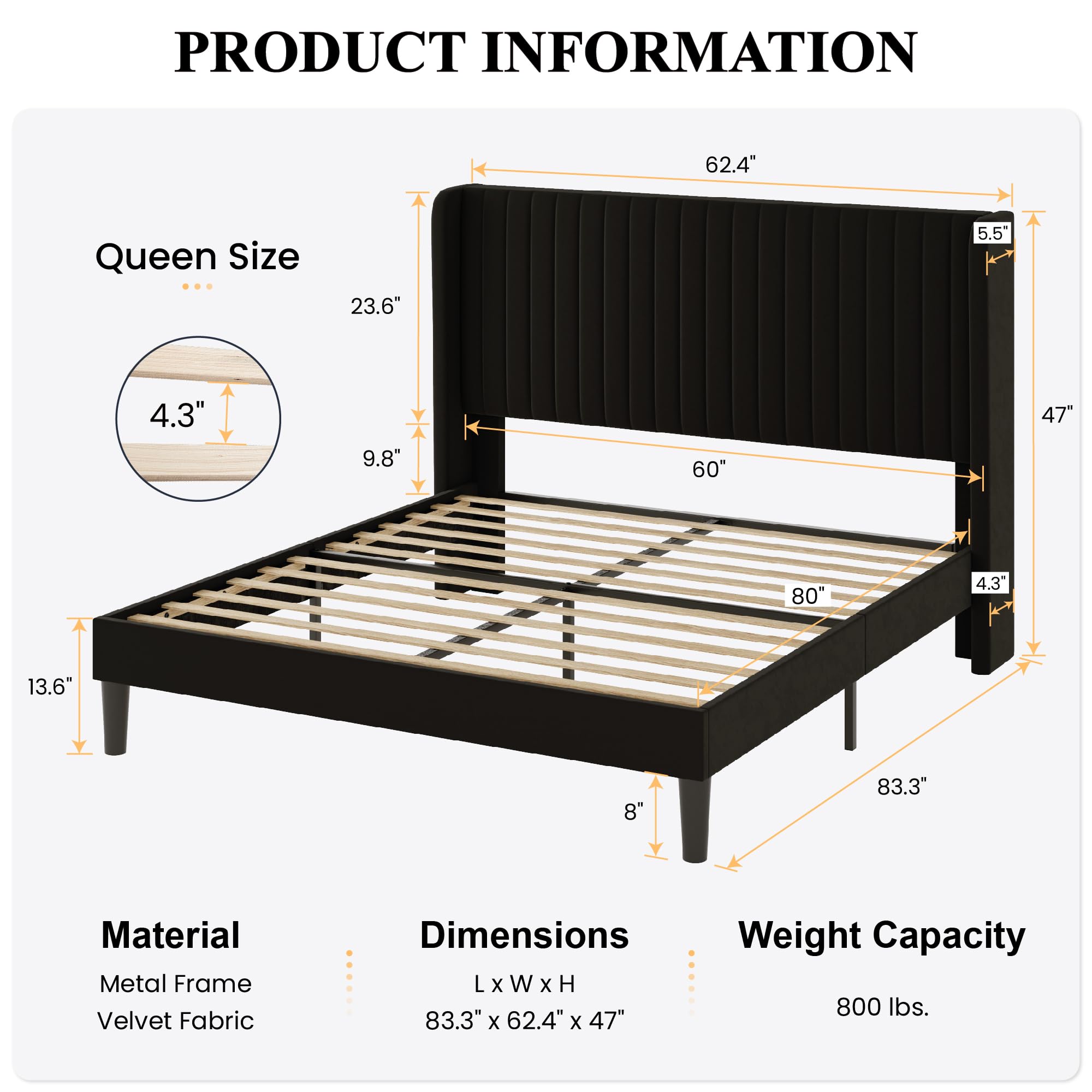 Sha Cerlin Queen Size Velvet Bed Frame With Vertical Channel Tufted Wingback Headboard, Upholstered Platform Bed With Wood Slats, No Box Spring Needed, Easy Assembly, Black