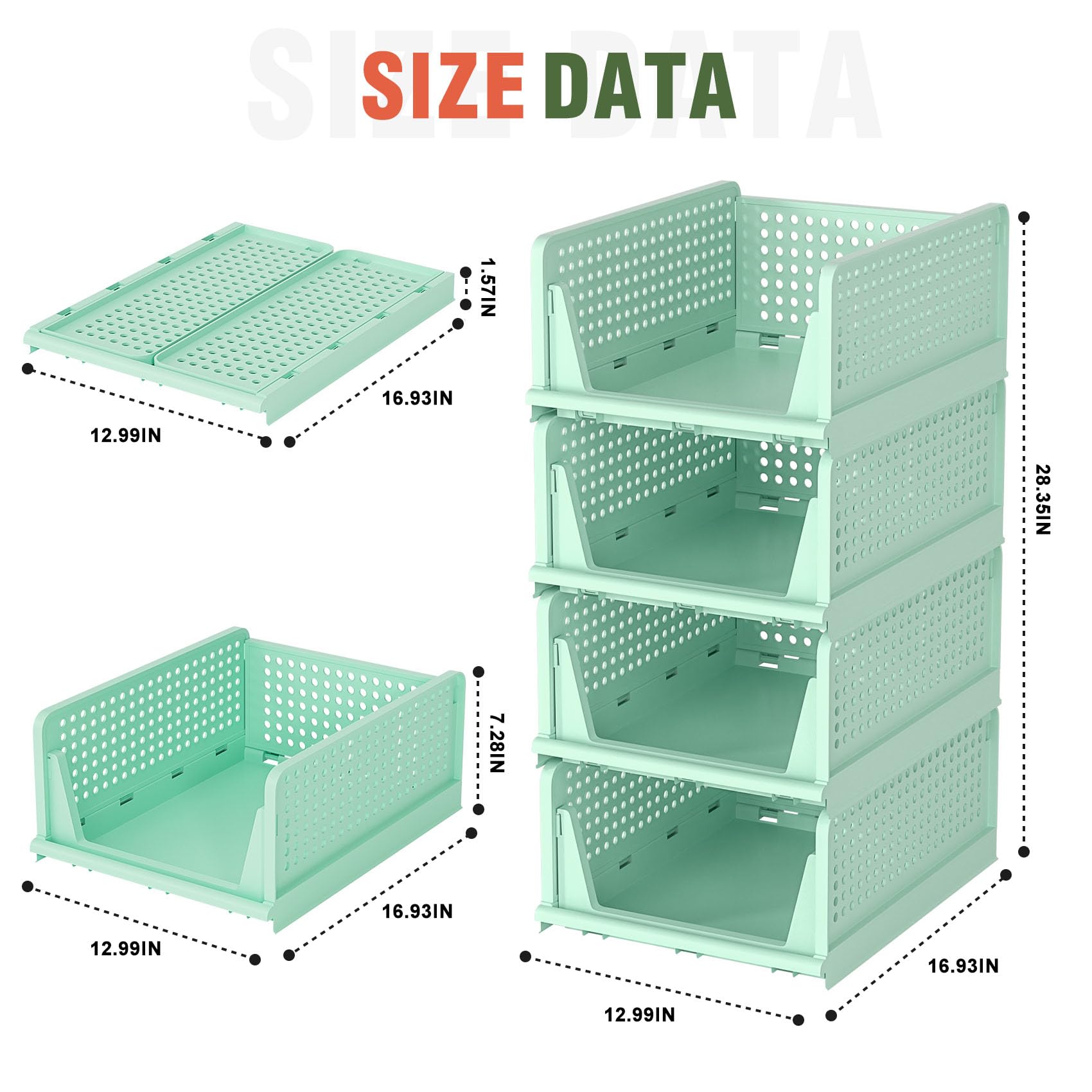 Neprock Closet Organizer, 4 Pack Stackable Storage Bins For Closet Shelves, Plastic Storage Drawers Basket Weekly Clothes Organizer For Kids(4L)(Green)