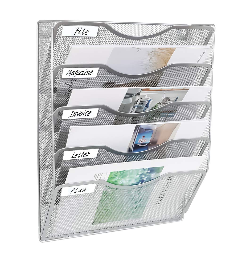 Easypag 5 Pockets Mesh Wall File Holder Organizer Office Hanging Mail Holder Organizer Magazine Rack,Silver