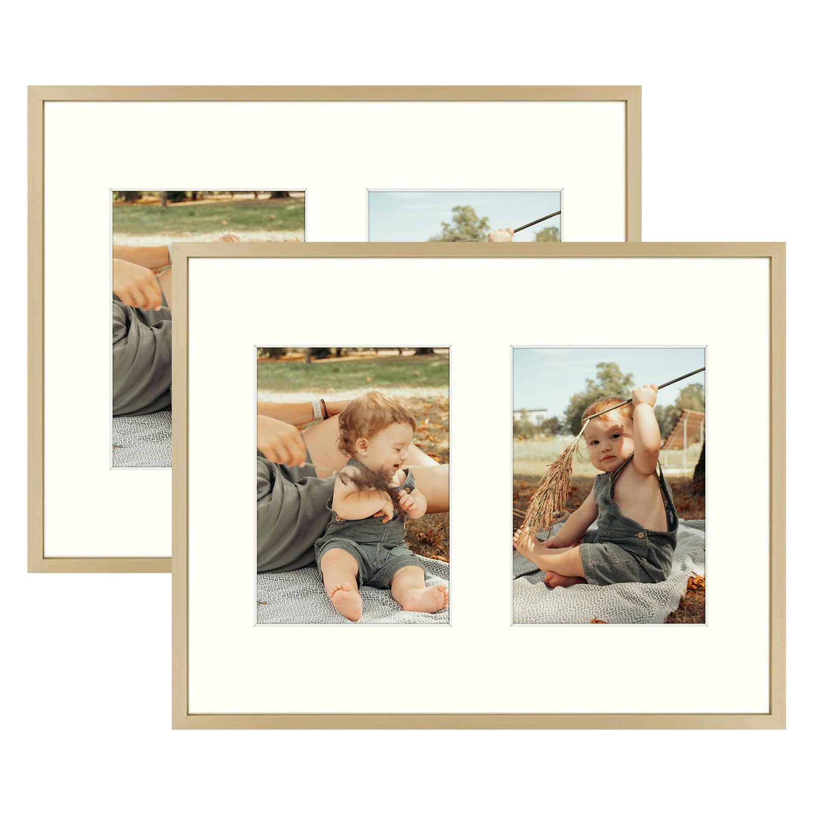 Golden State Art, 11x14 Gold Aluminum Collage Frame, Displays Two 5x7 Pictures with Mat or One 11x14 Photo Without Mat, Real