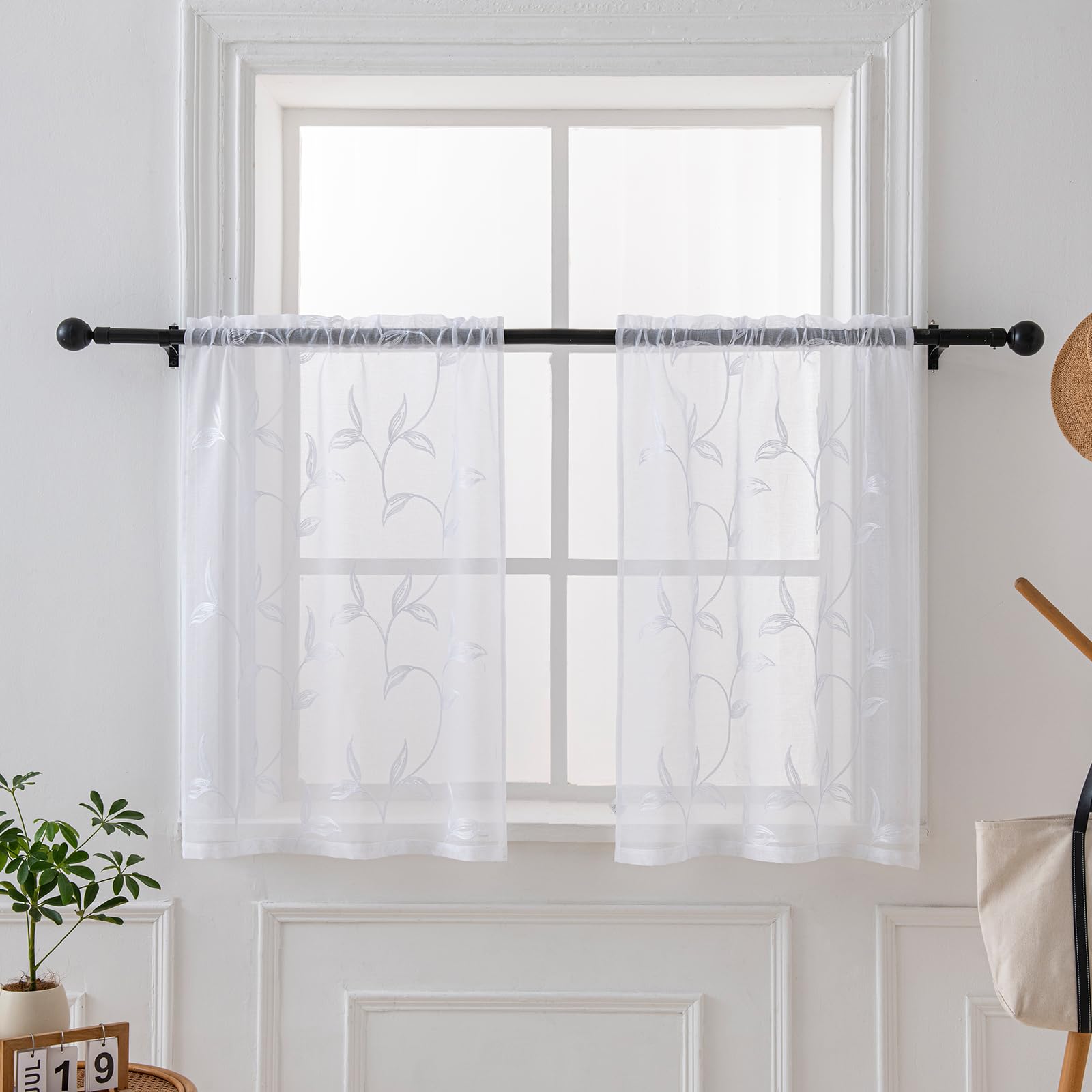 Visiontex White Sheer Voile Curtains, Decorative Leaves Embroidery Faux Linen Rod Pocket Window Drapes For Home Kitchen, Living
