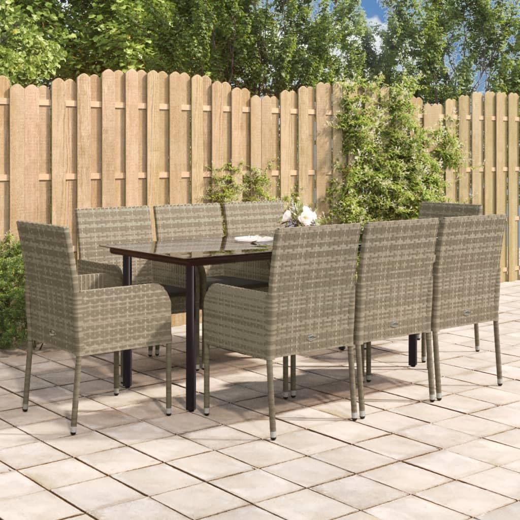 vidaXL 9 Piece Patio Dining Set - Stylish Outdoor Furniture with Cushions in Black and Gray Poly Rattan, Weather-Resistant, Comfortable and Modular Design, Suitable for Garden or Patio