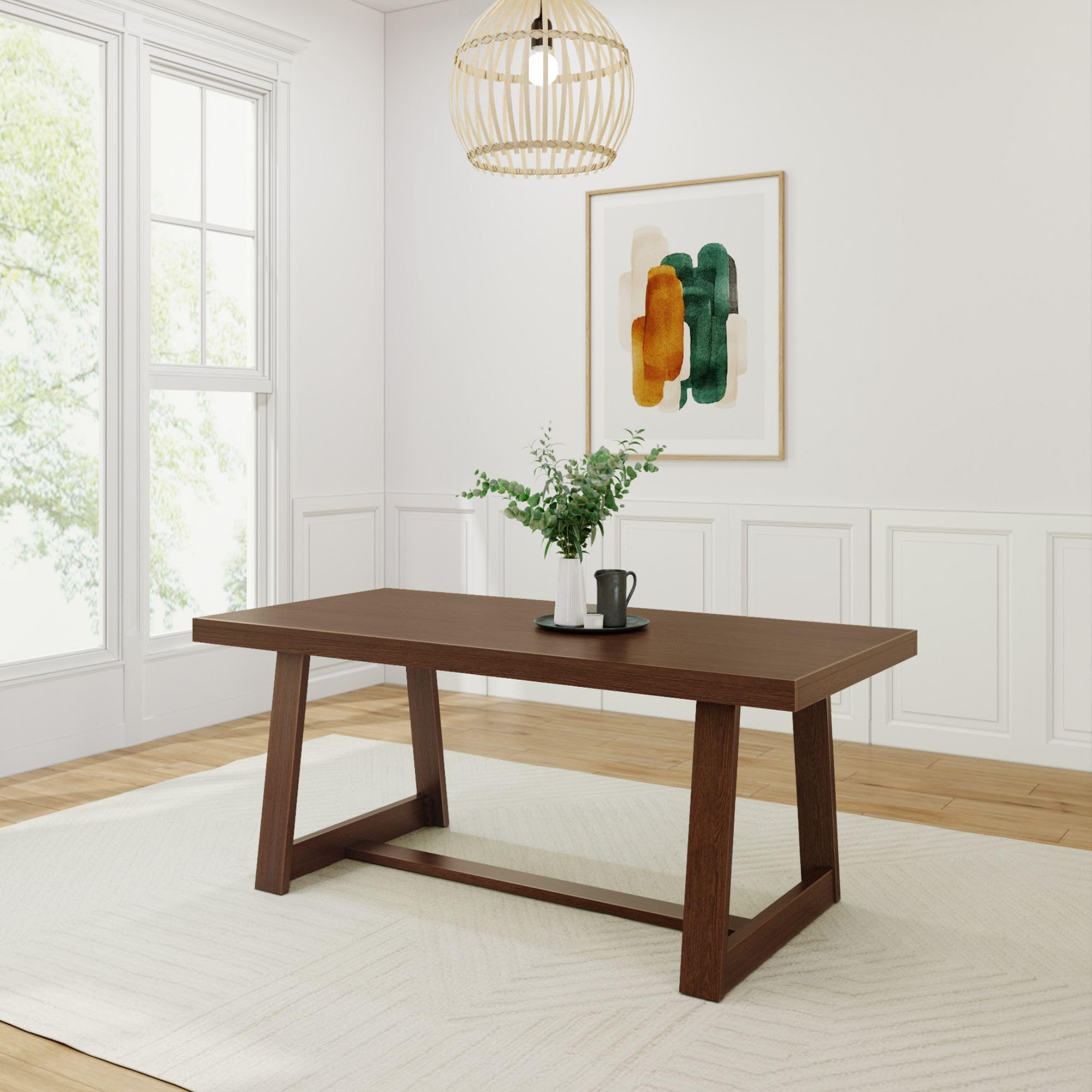 Plank+Beam 72 Inch Farmhouse Dining Table, Solid Wood Rustic Kitchen Table, Large Wooden Rectangular Dinner Table For Dining Room, Home Office, Living Room Furniture, Easy Assembly, Walnut Wirebrush
