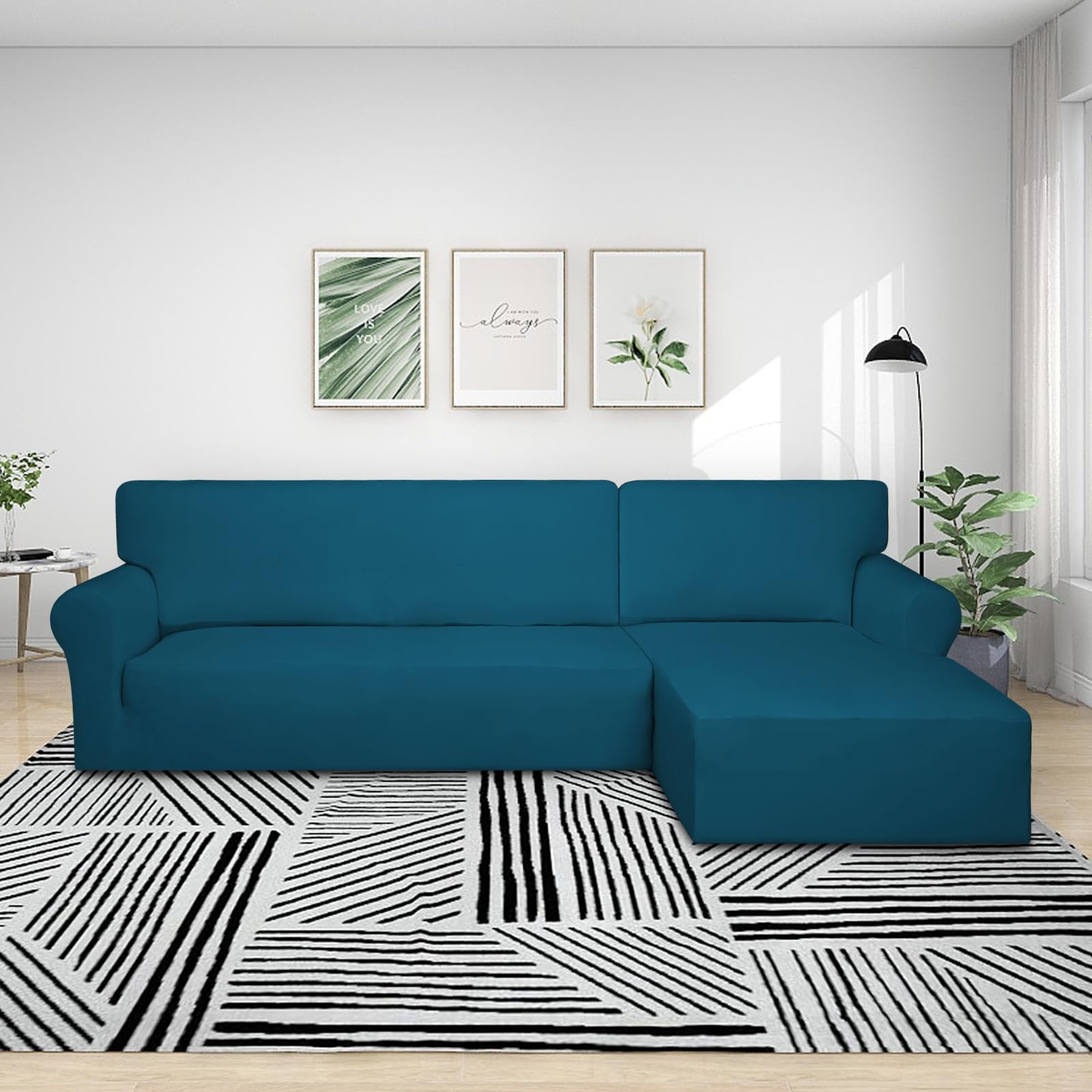 Purefit Super Stretch Sectional Couch Covers - 2 Pcs Spandex Non Slip Sofa Covers With Elastic Bottom For L Shape Sectional Sofa Couch For Kids & Pets (3 Seat Sofa + 2 Seat Chaise, Peacock Blue)