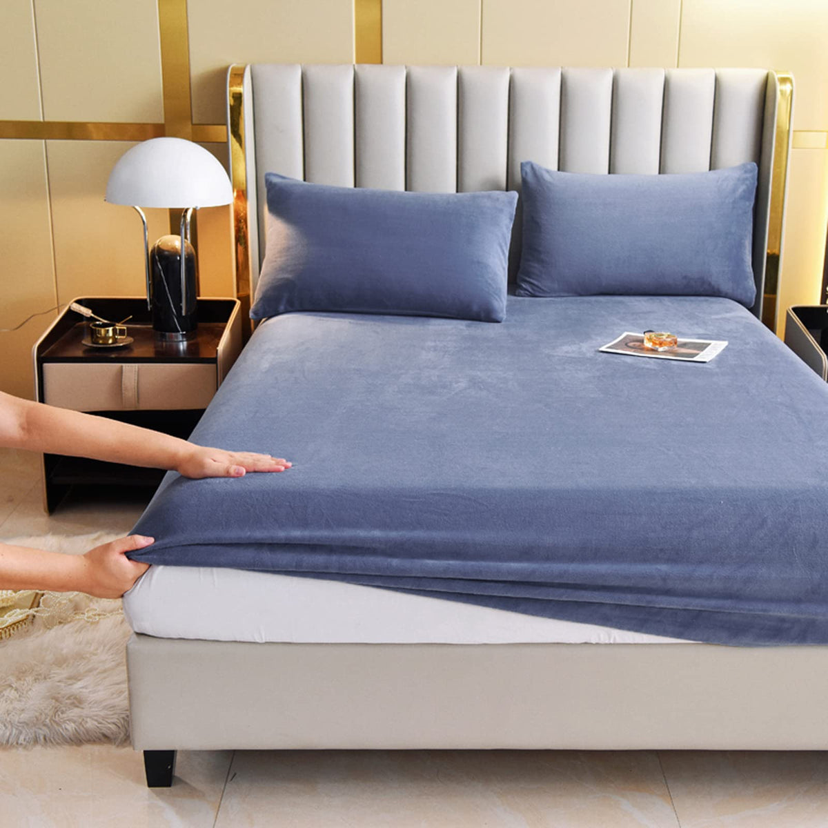 Velvet Fitted Sheet Queen Size,Fleece Plush Bed Sheet Mattress Protector Cover With 15' Deep Pocket Warm Fuzzy Bottom Sheet (No