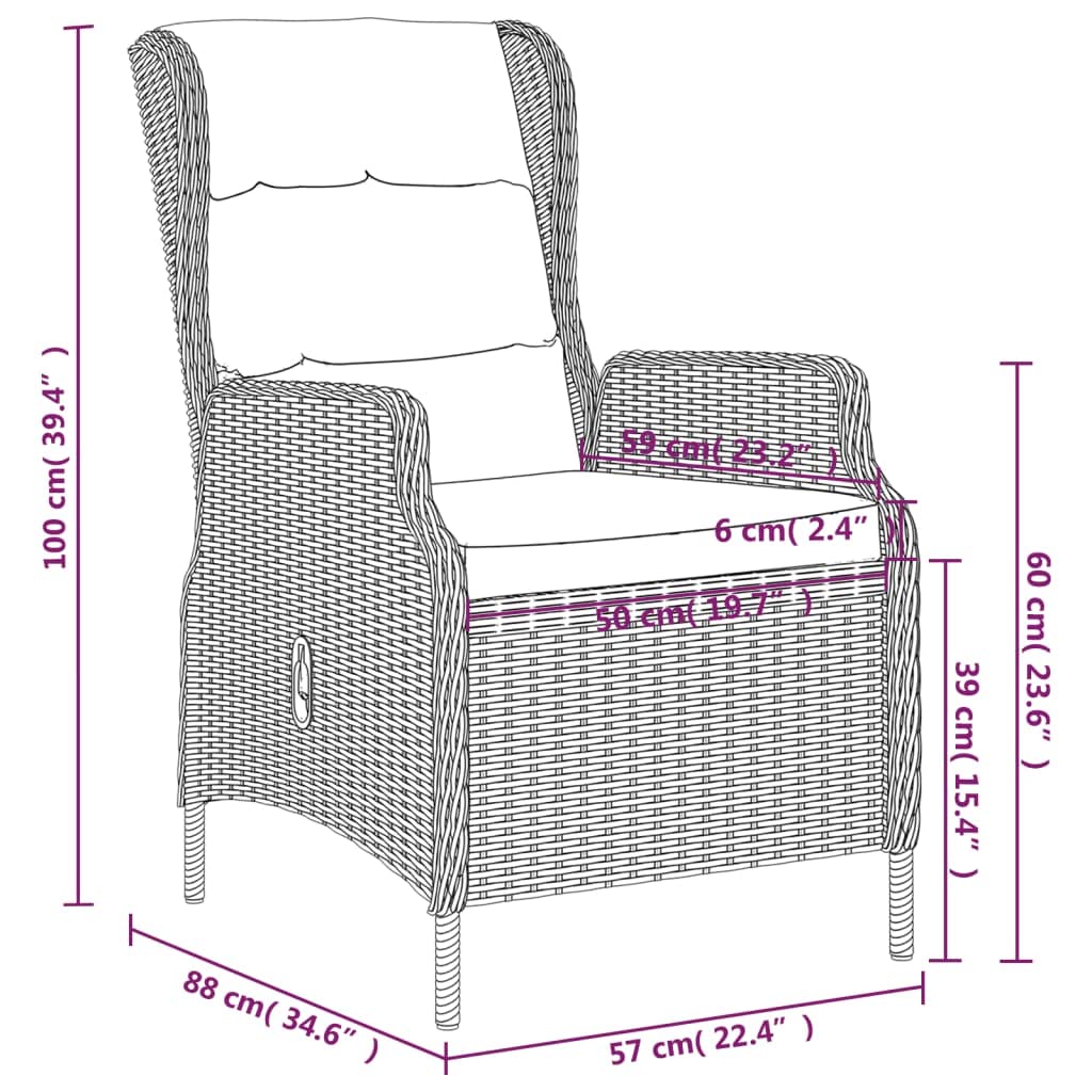 vidaXL 5-Piece Patio Dining Set with Adjustable Reclining Chairs and Glass Tabletop- Brown Rattan/Black Cushion Outdoor Furniture Set