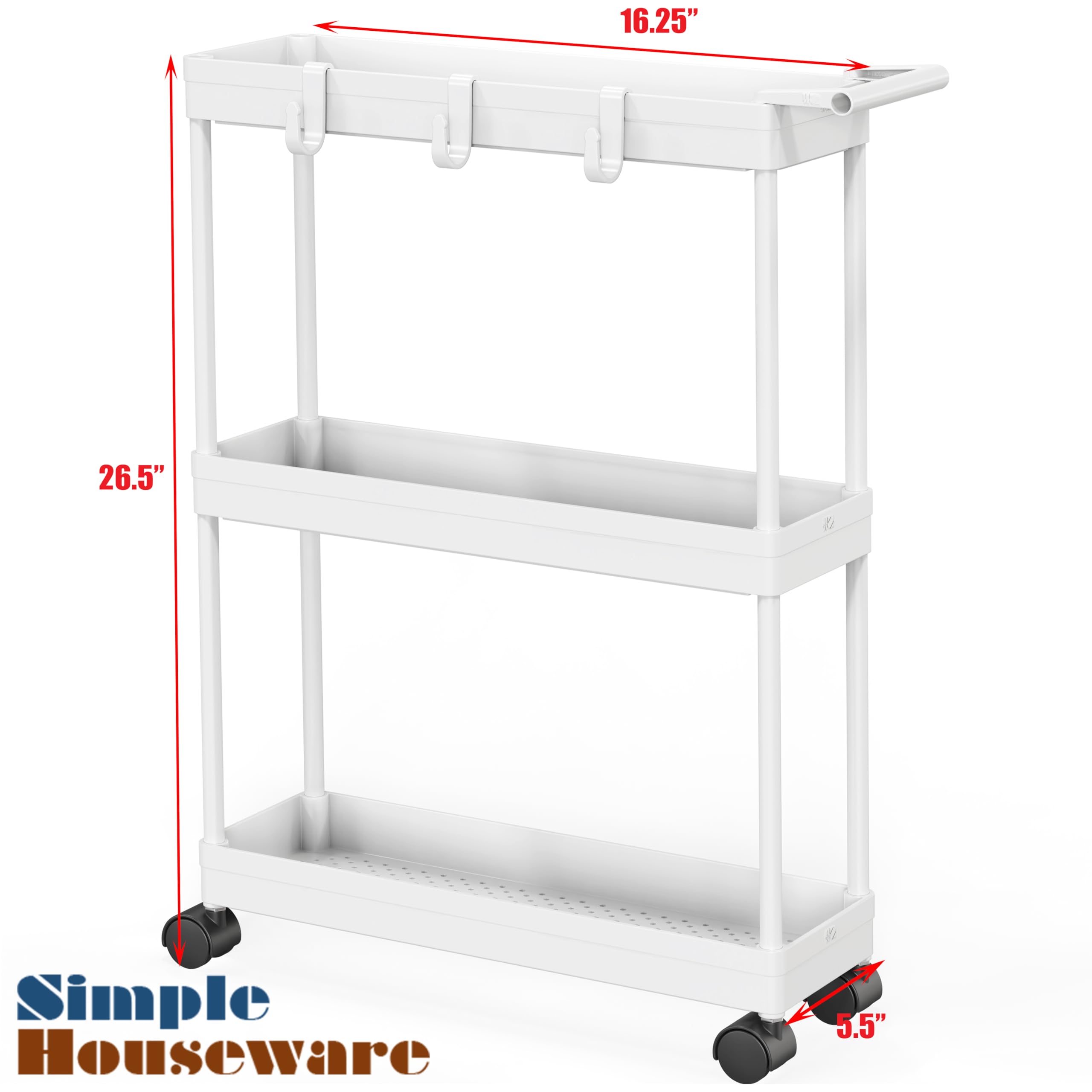 Simple Houseware Kitchen Cart Storage 3-Tier Slim/Super Narrow Shelves With Handle, 26.5'' Height/5.5'' Width For Narrow Place, White