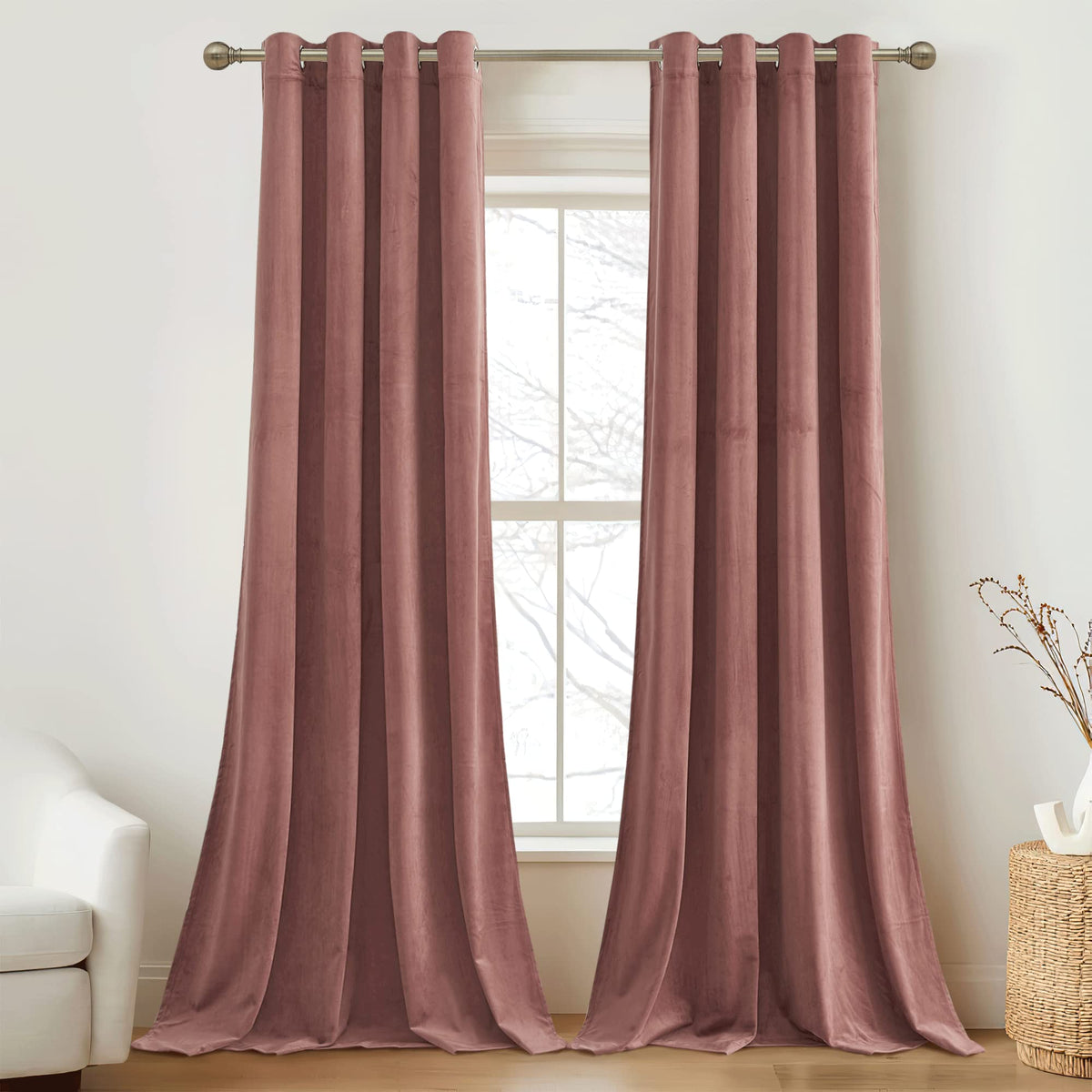 Ryb Home Mauve Velvet Curtains 90 Inch Length, Room Darkening Curtains & Drapes With Rustproof Grommet Luxury Decor For Large Wi