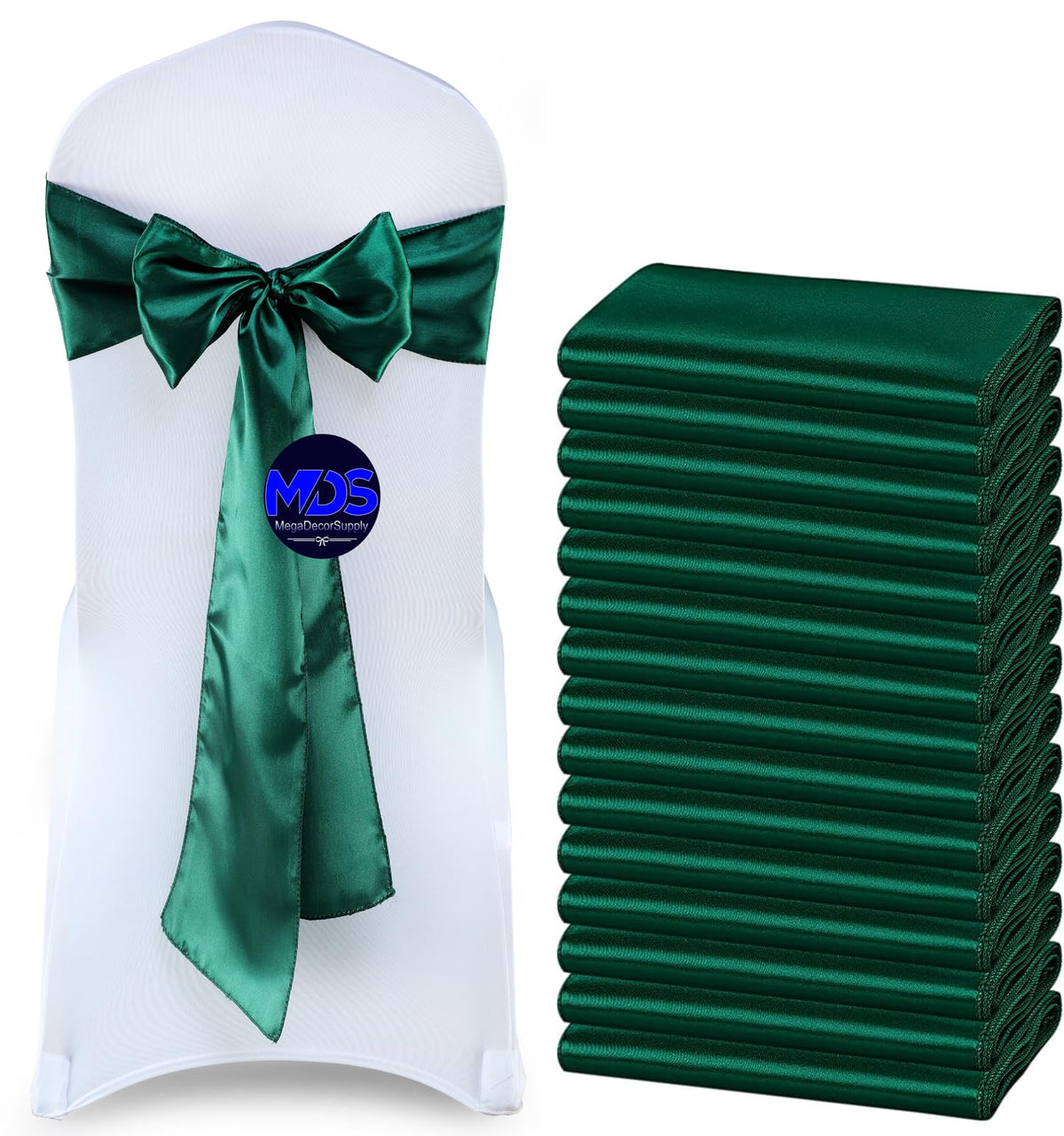 Mds Pack Of 100 Pcs Satin Chair Sashes Charmeuse Sateen Dining Chair Bows Ribbon Ties Back Sash For Wedding Party Birthday Home Hotel Restaurant Banquet Decoration (7 X 108 Inch, Hunter Green)