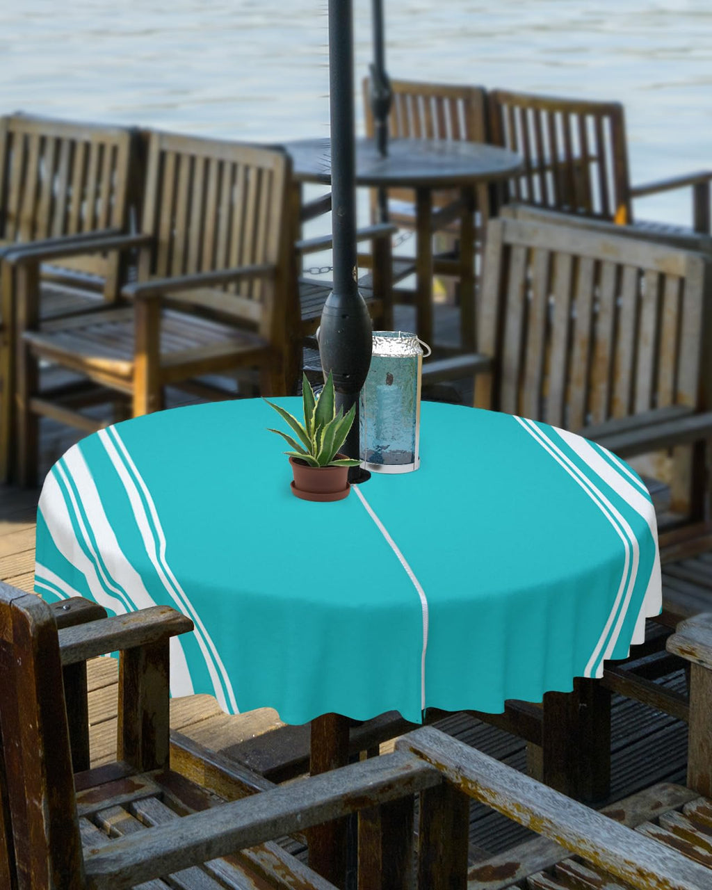 Queenker Outdoor Tablecloth With Umbrella Hole, Farmhouse Aqua White Stripe Round Tables Waterproof Tabletop Collection For Pati