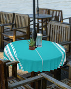 Queenker Outdoor Tablecloth With Umbrella Hole, Farmhouse Aqua White Stripe Round Tables Waterproof Tabletop Collection For Pati