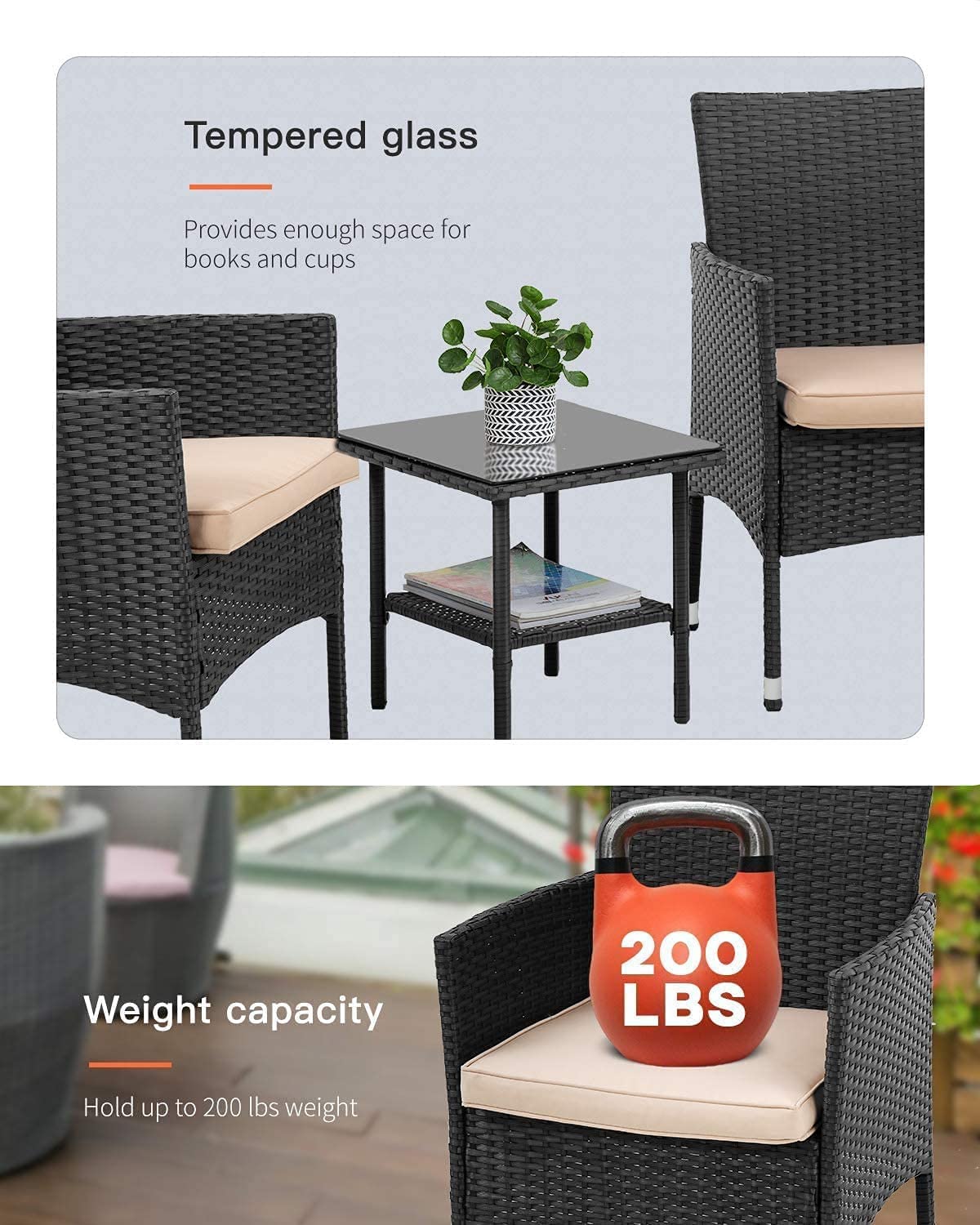 Fdw Patio Furniture Set Outdoor Furniture Wicker Bistro Rattan Chair Conversation Sets With Coffee Table For Yard Backyard Lawn Porch Poolside Balcony,Black And Beige