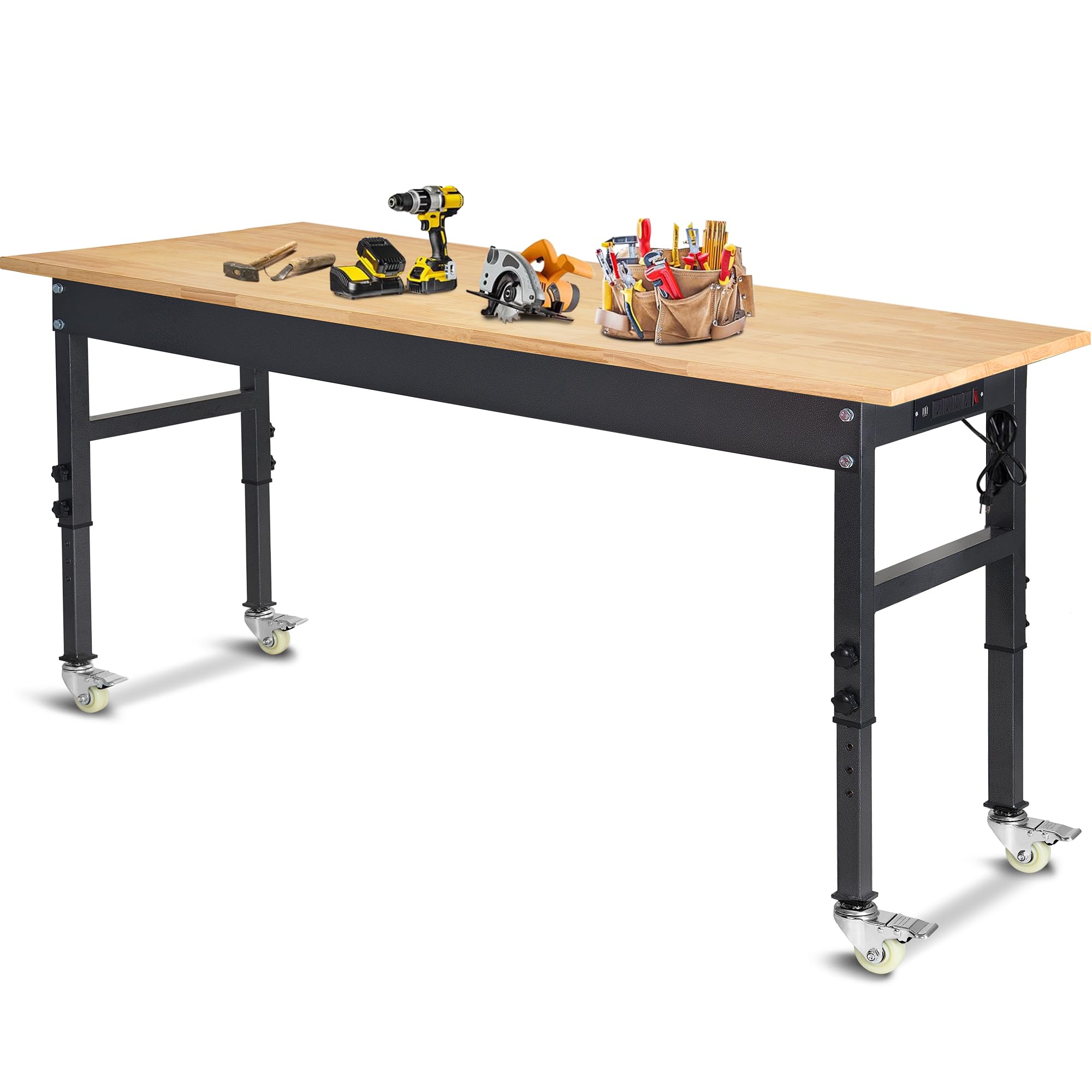 60' Adjustable Work Bench, Rubber Wood Top Workbench Heavy-Duty Work Table With Power Outlet With Wheels, 2000 Lbs Load Capacity Hardwood Work Benches For Garage, Workshop, Home, Office, Easy Assembly