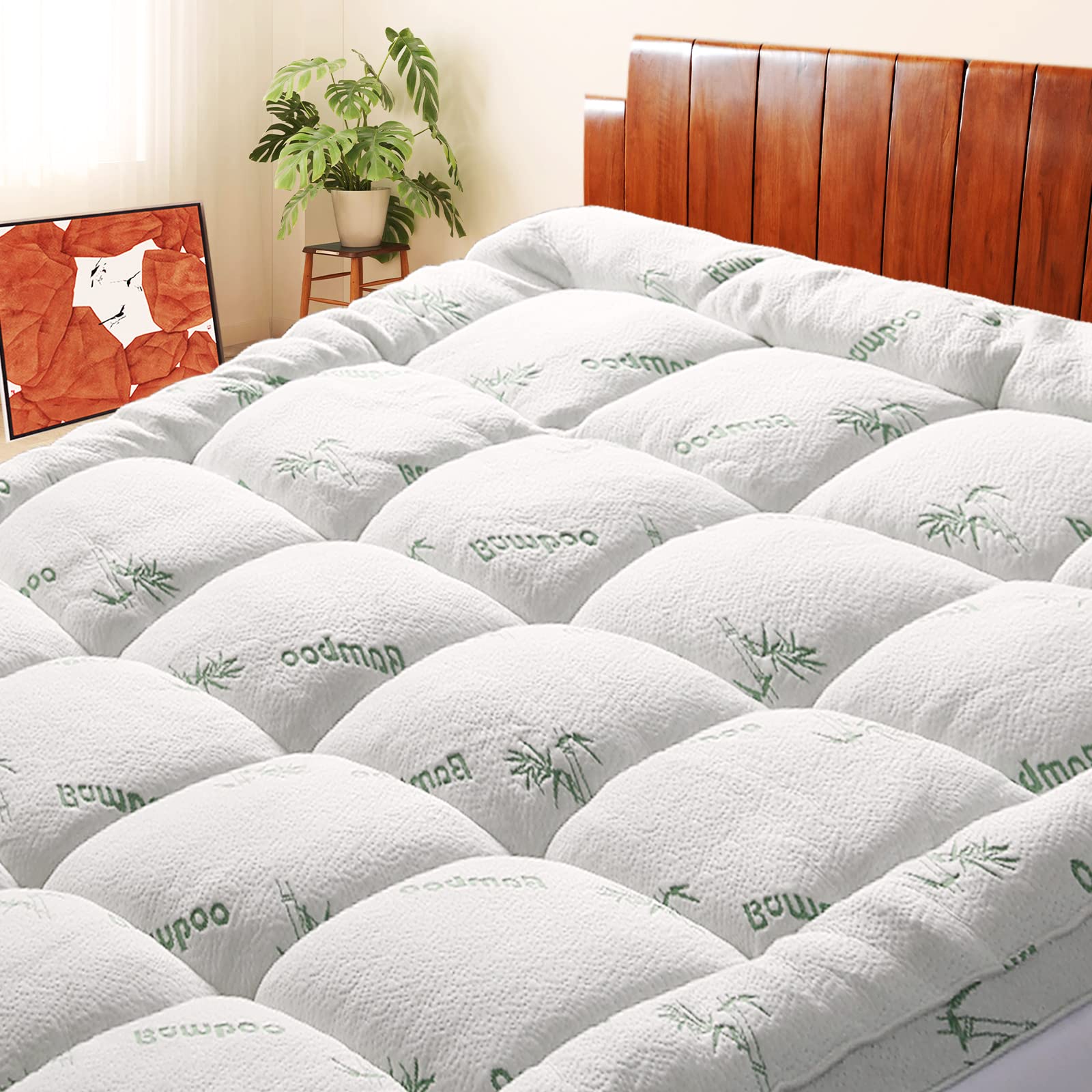 Mattress Topper King Size, Cooling Extra Thick Breathable Viscose Made From Bamboo Mattress Pad, Soft Quilted Fitted Mattress Co