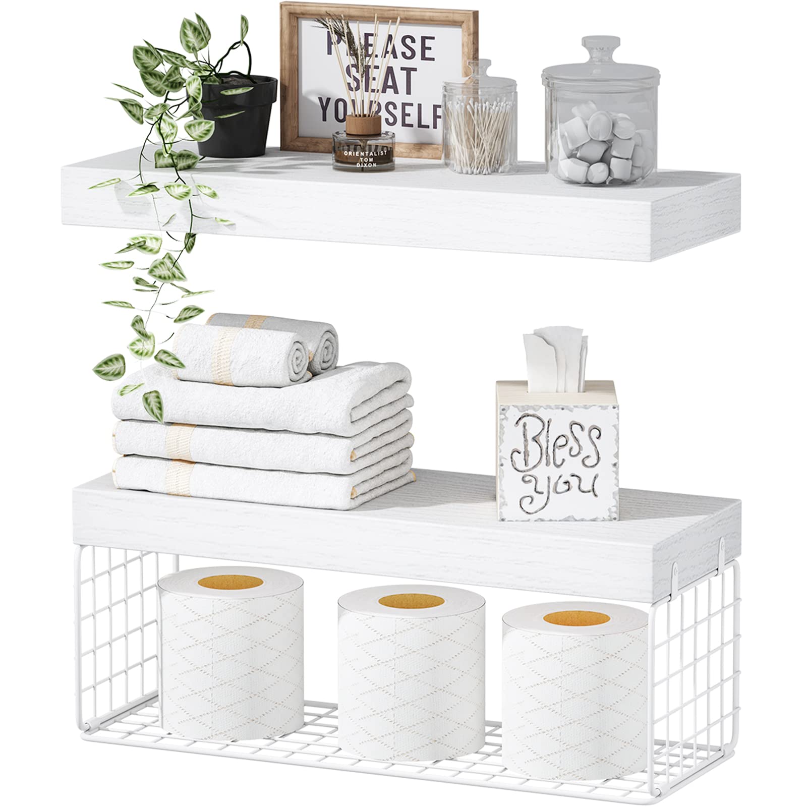 QEEIG White Bathroom Shelves Over Toilet Wall Mounted Floating Shelves Farmhouse Shelf Toilet Paper Storage Small 16 inch Set of