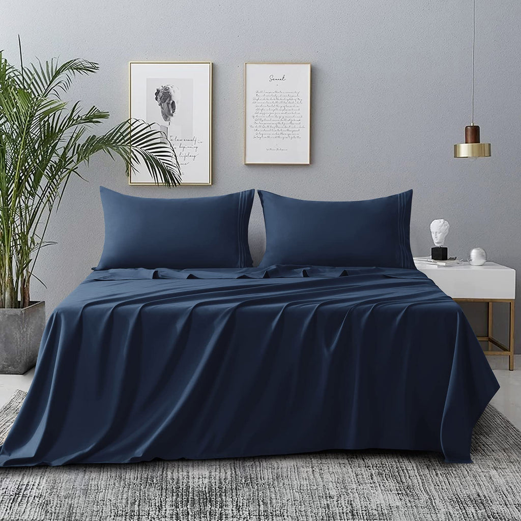 Cozylux King Bed Sheets Set 1800 Series 4-Piece Embroidered Double Brushed Microfiber Sheets 16' Deep Pocket Hotel Soft Luxury Bedding Sheet Set, Wrinkle Resistant, Navy Blue