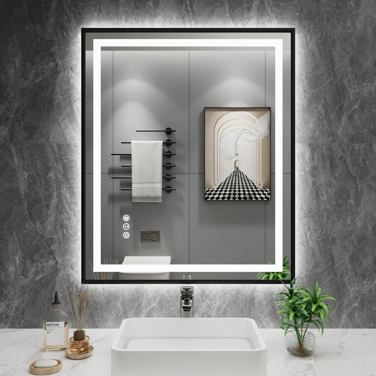 Amorho 24''x 30'' LED Bathroom Mirror with Black Frame, Front Light and Backlit, Stepless Dimmable, Anti-Fog, Shatter-Proof, Mem