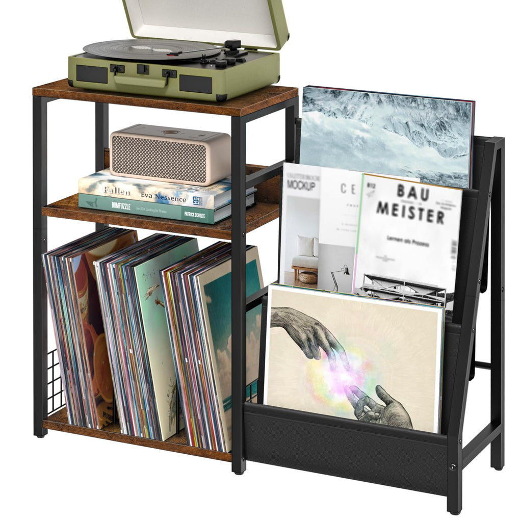 Lelelinky Record Player Stand With Vinyl Storage, 3 Tier Turntable Stand With Display Shelf Storage Up To 150 Albums,Brown End Table For Living Room