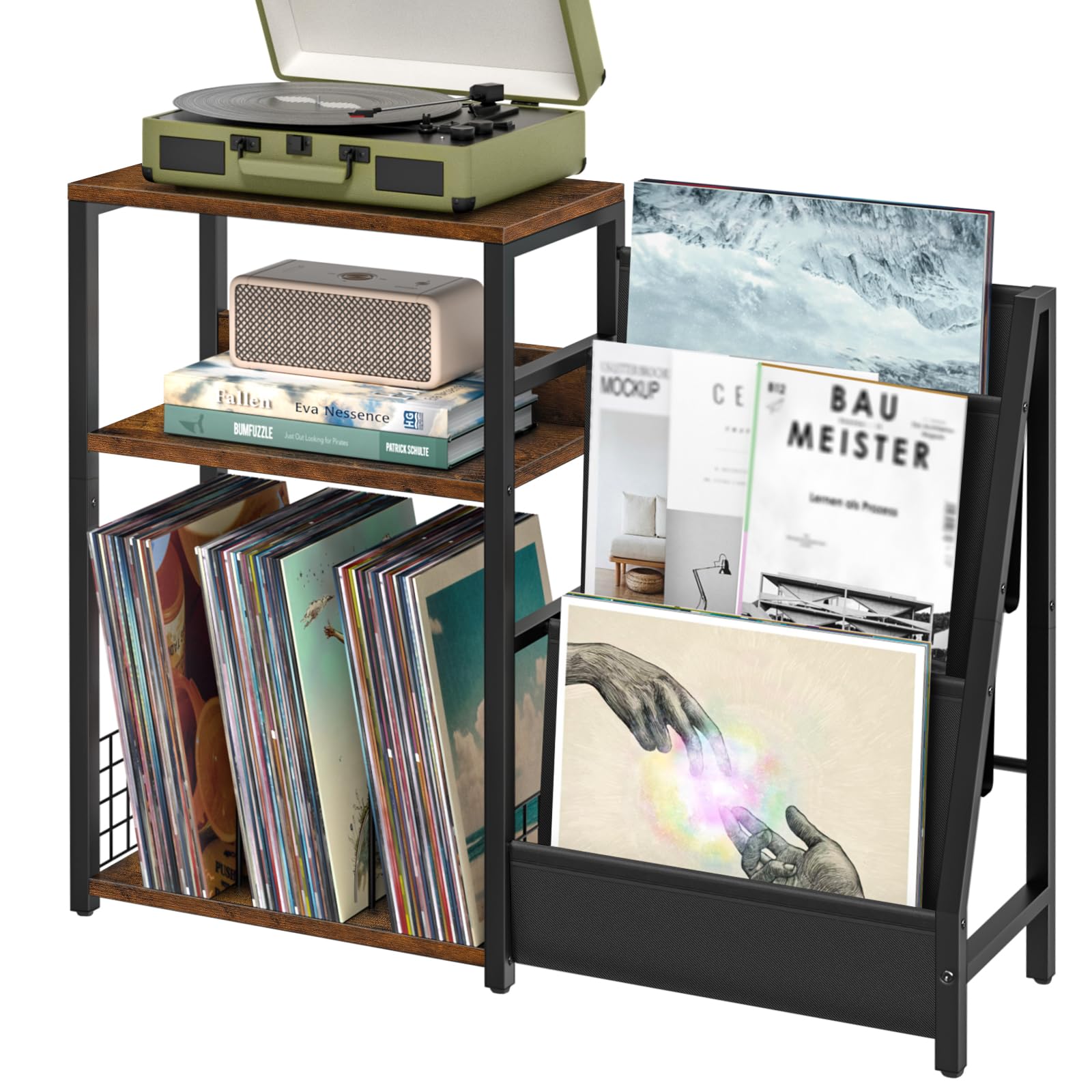 Lelelinky Record Player Stand With Vinyl Storage, 3 Tier Turntable Stand With Display Shelf Storage Up To 150 Albums,Brown End Table For Living Room