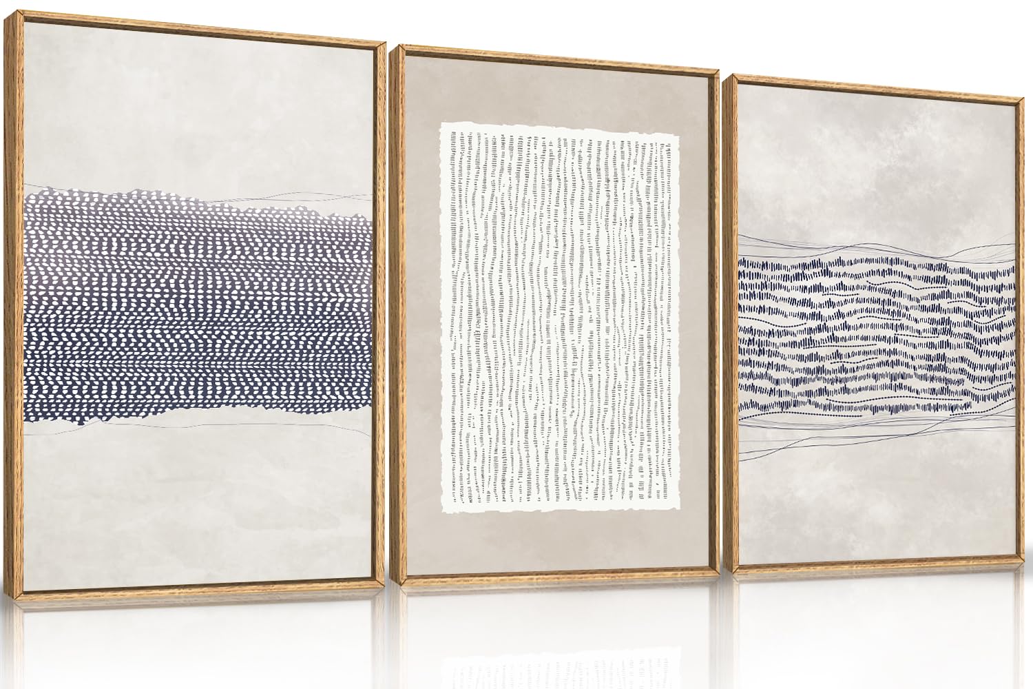 HOURIA Blue White Abstract Neutral Framed Canvas Wall Art Set,Minimalist Boho Lines Wall Decor,Modern Neutral Art Print,Mid Cent