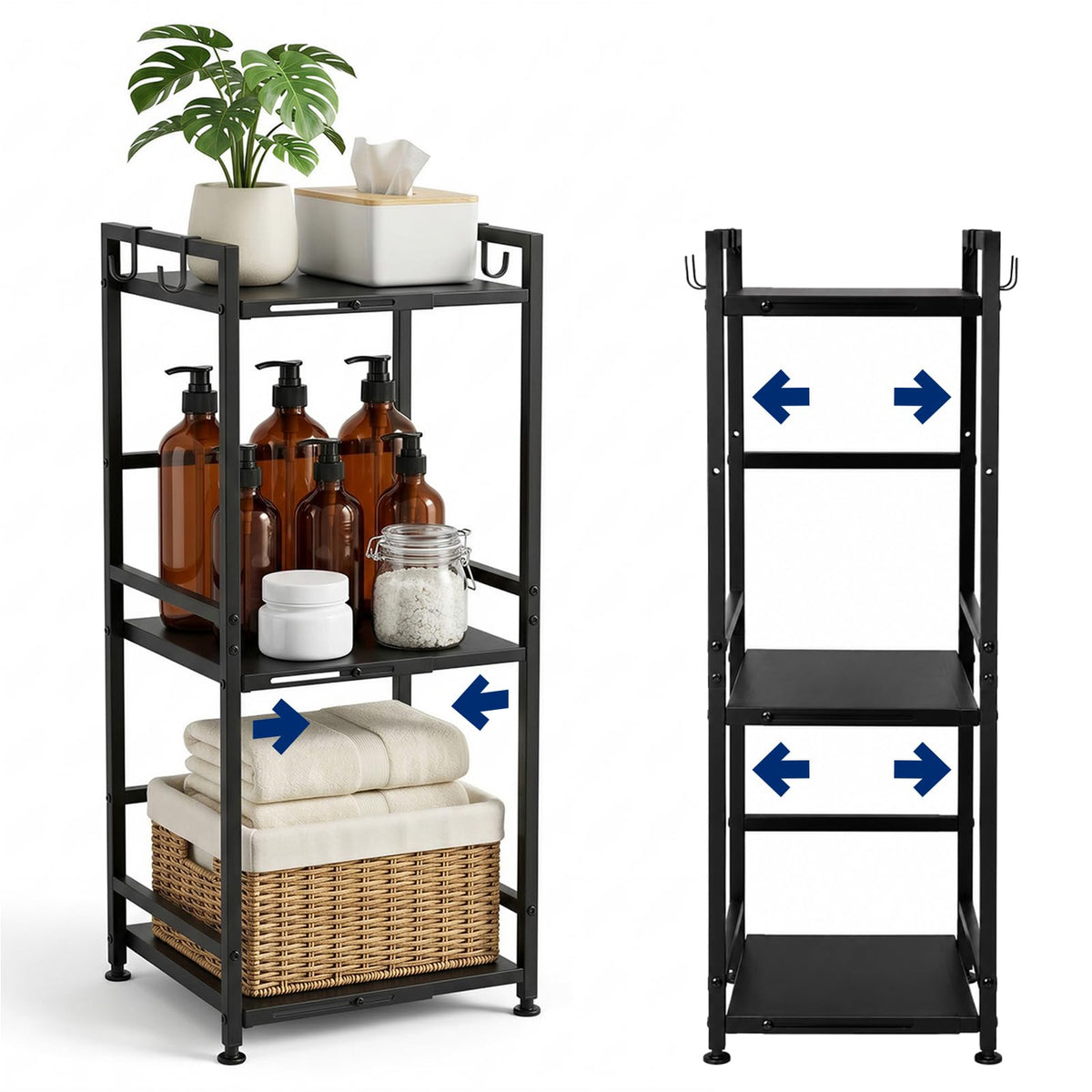 3Tier Expandable Metal Shelving Unit with 4 Hooks, Narrow FreeStanding Storage Rack Adjustable Width 9.514.2, Open Floor Sh