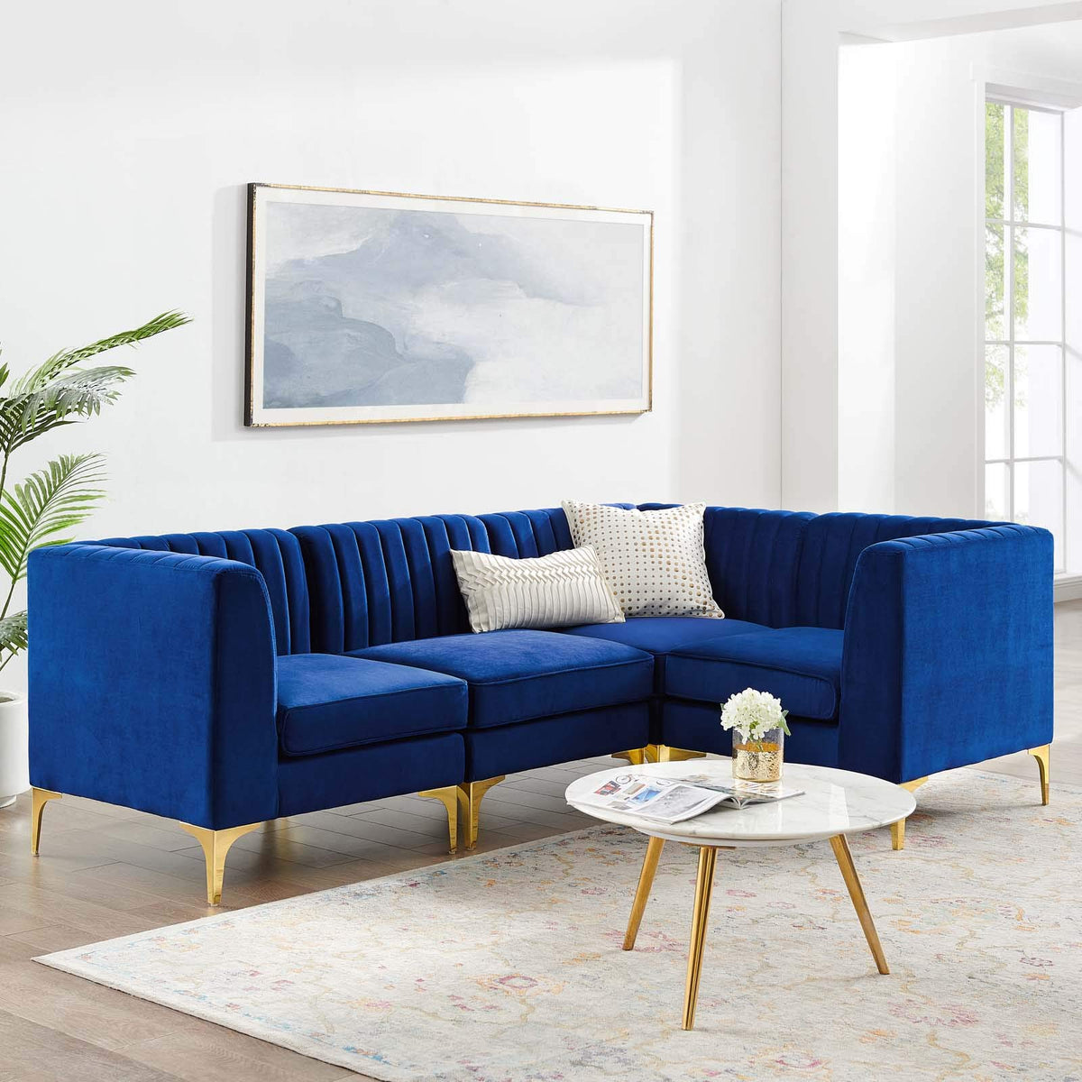 Modway Triumph Channel Tufted Performance Velvet 4-Piece Sectional Sofa, Navy