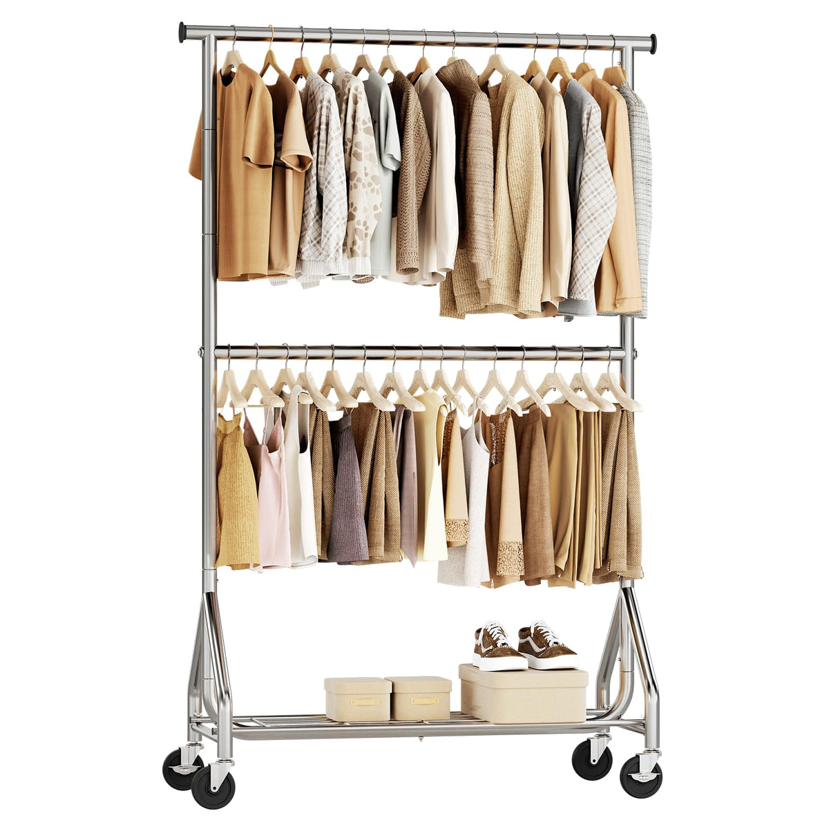 HYSEYY Heavy Duty Clothes Rack, Double Rod Clothing Rack for Hanging Clothes, Rolling Garment Rack, Adjustable Freestanding Ward