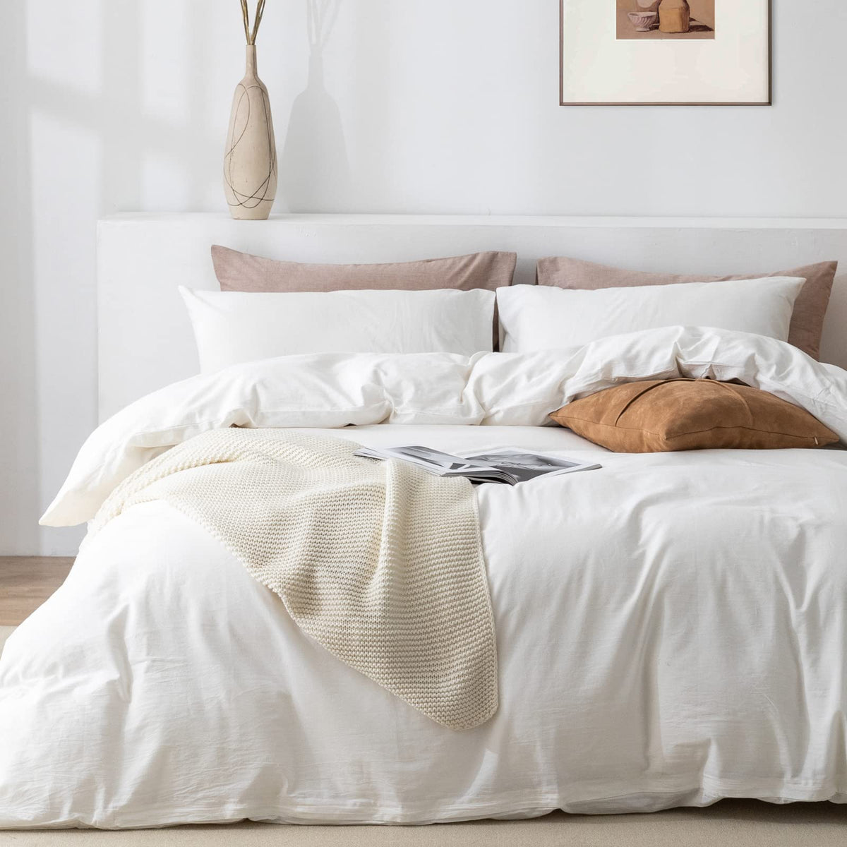 Tiptoe Bear Queen Duvet Cover Set- 100% Washed Cotton 3 Pcs Soft Comfy Breathable Chic Linen Feel Bedding, 1 Duvet Cover And 2 P